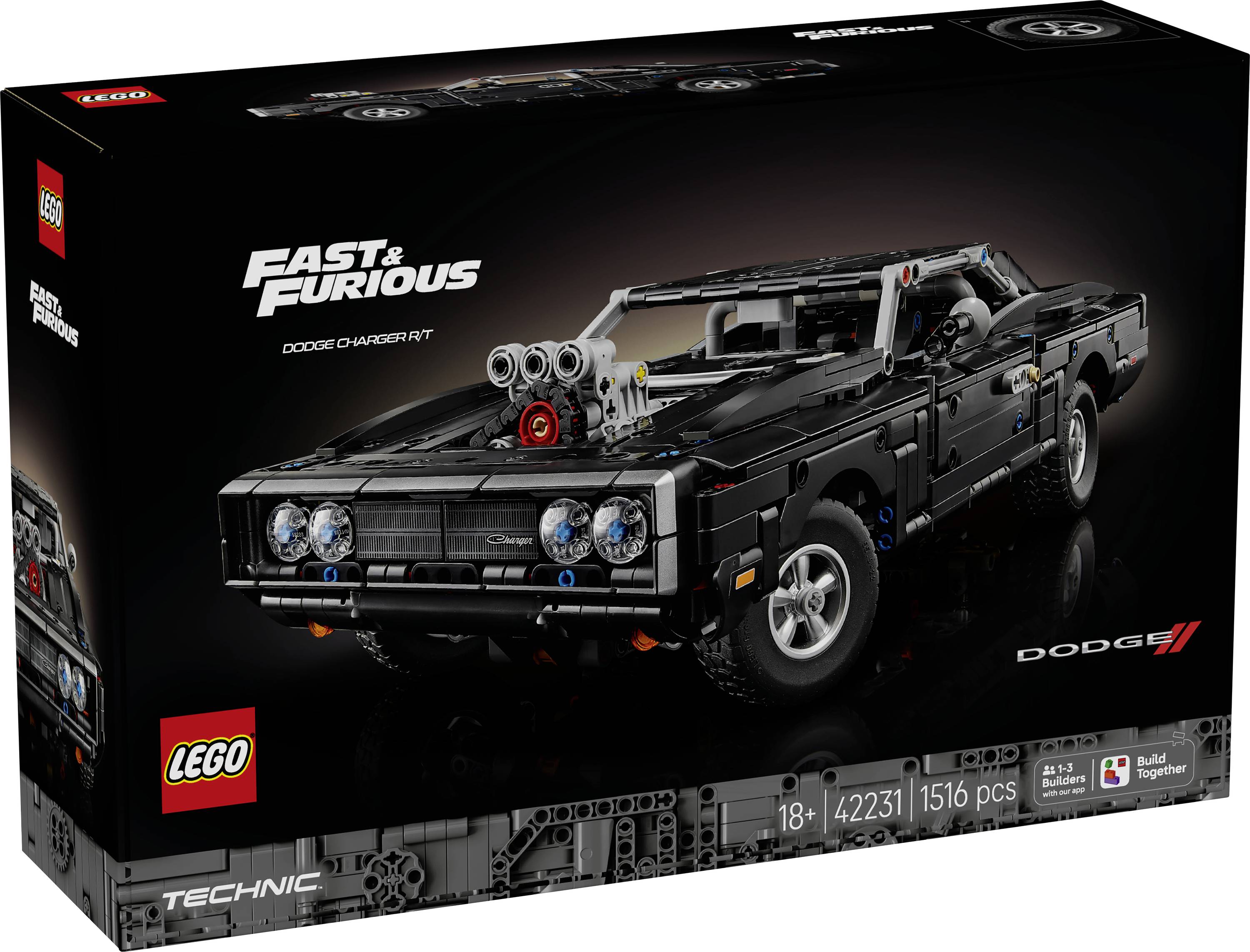 Ensemble de construction LEGO Technic Fast & Furious Dodge Charger R/T présenté dans une boîte avec un modèle de voiture de muscle noire et une étiquette d'âge 18+ contenant 1516 pièces.