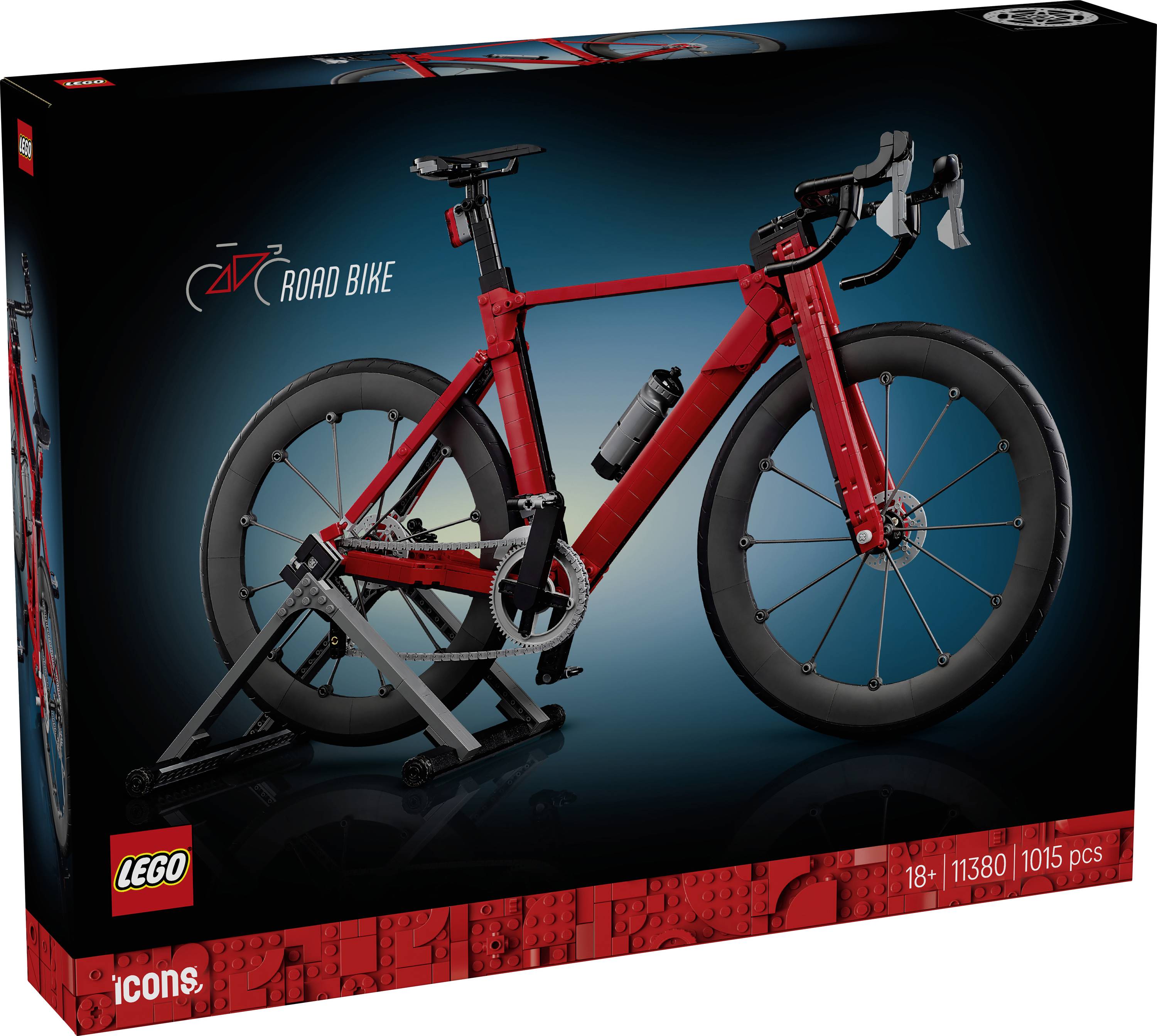 Boîte du set LEGO Icons « Vélo de Route » montrant un vélo de route rouge sur un support d'exposition, étiqueté 18+, set 11380, 1015 pièces.