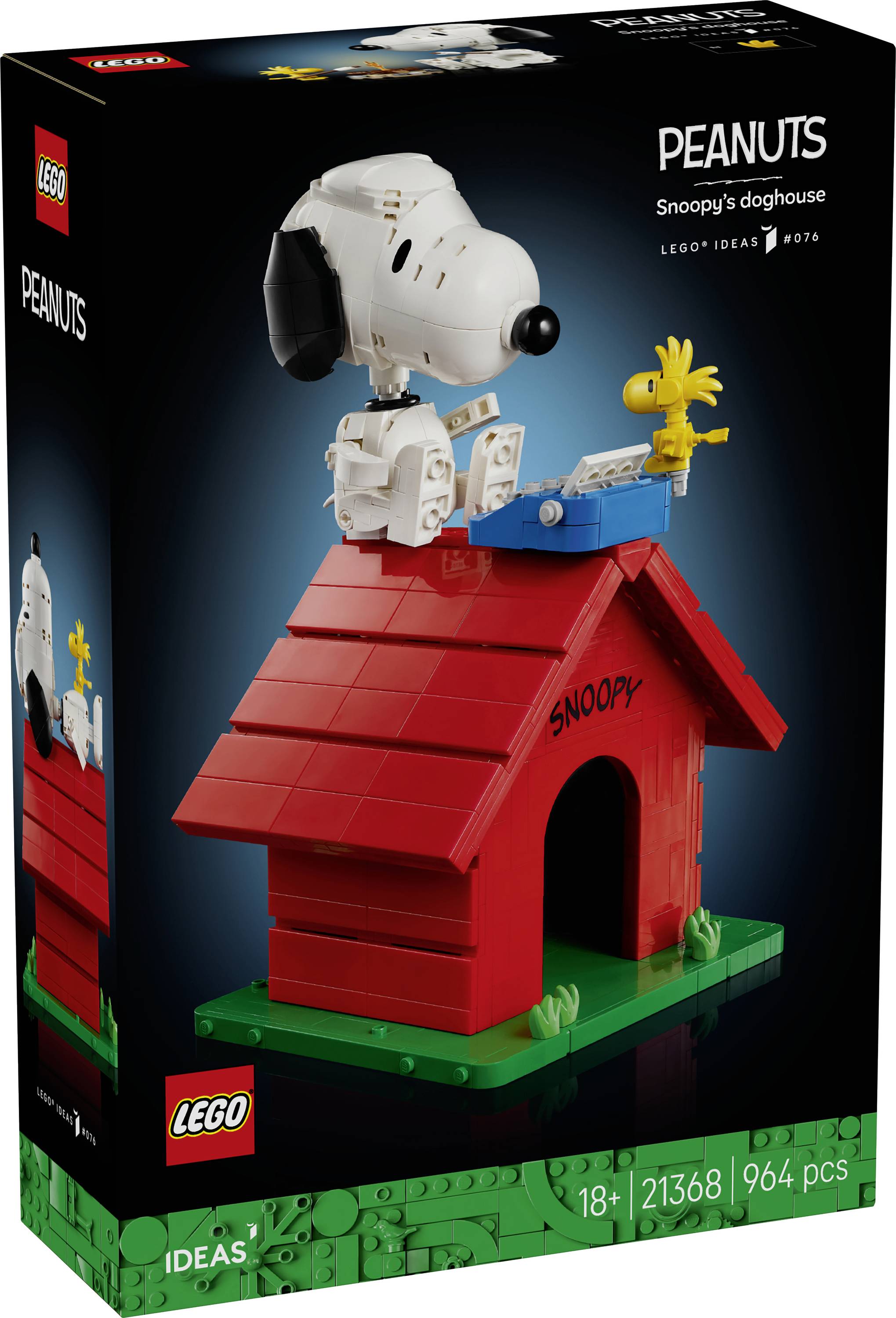 Boîte de l'ensemble LEGO Ideas 'Peanuts' La niche de Snoopy, montrant Snoopy sur la niche rouge avec Woodstock à proximité ; 964 pièces, à partir de 18 ans.