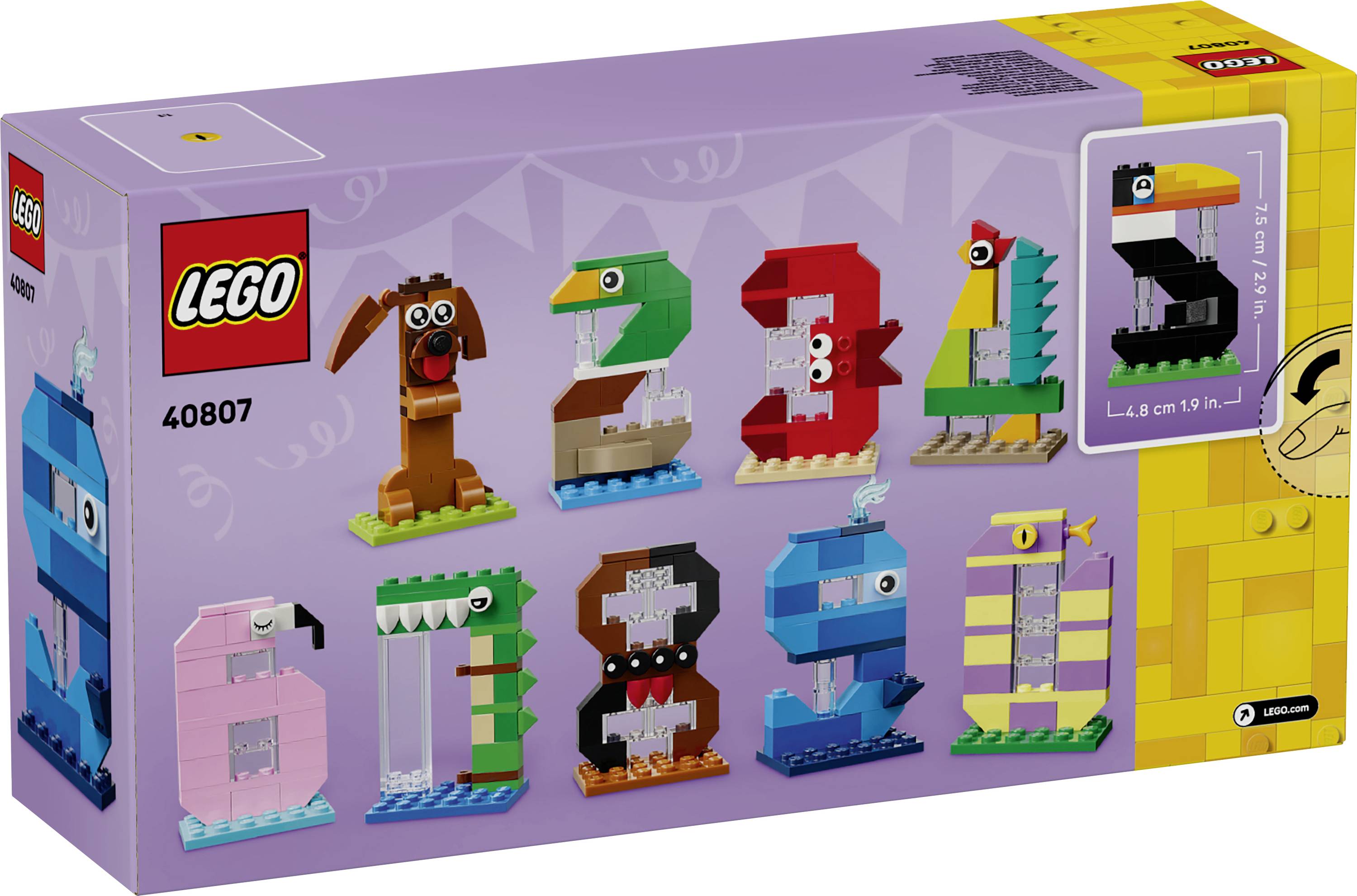 Boîte du set LEGO Creator 40807 montrant des lettres d'animaux colorées et des modèles à thème numérique à construire, avec un encart « 2 en 1 » sur le côté droit.