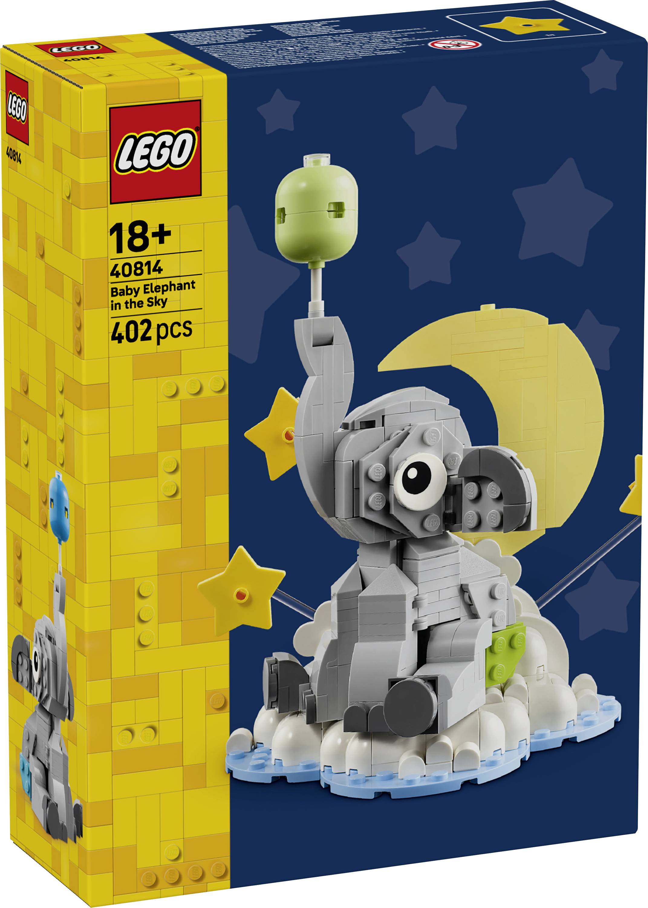 Boîte LEGO pour l'ensemble « Bébés Éléphants dans le Ciel » 40814, à partir de 18 ans, 402 pièces, montrant un petit éléphant gris assis sur des nuages avec une tige ressemblant à un ballon sur un ciel nocturne.