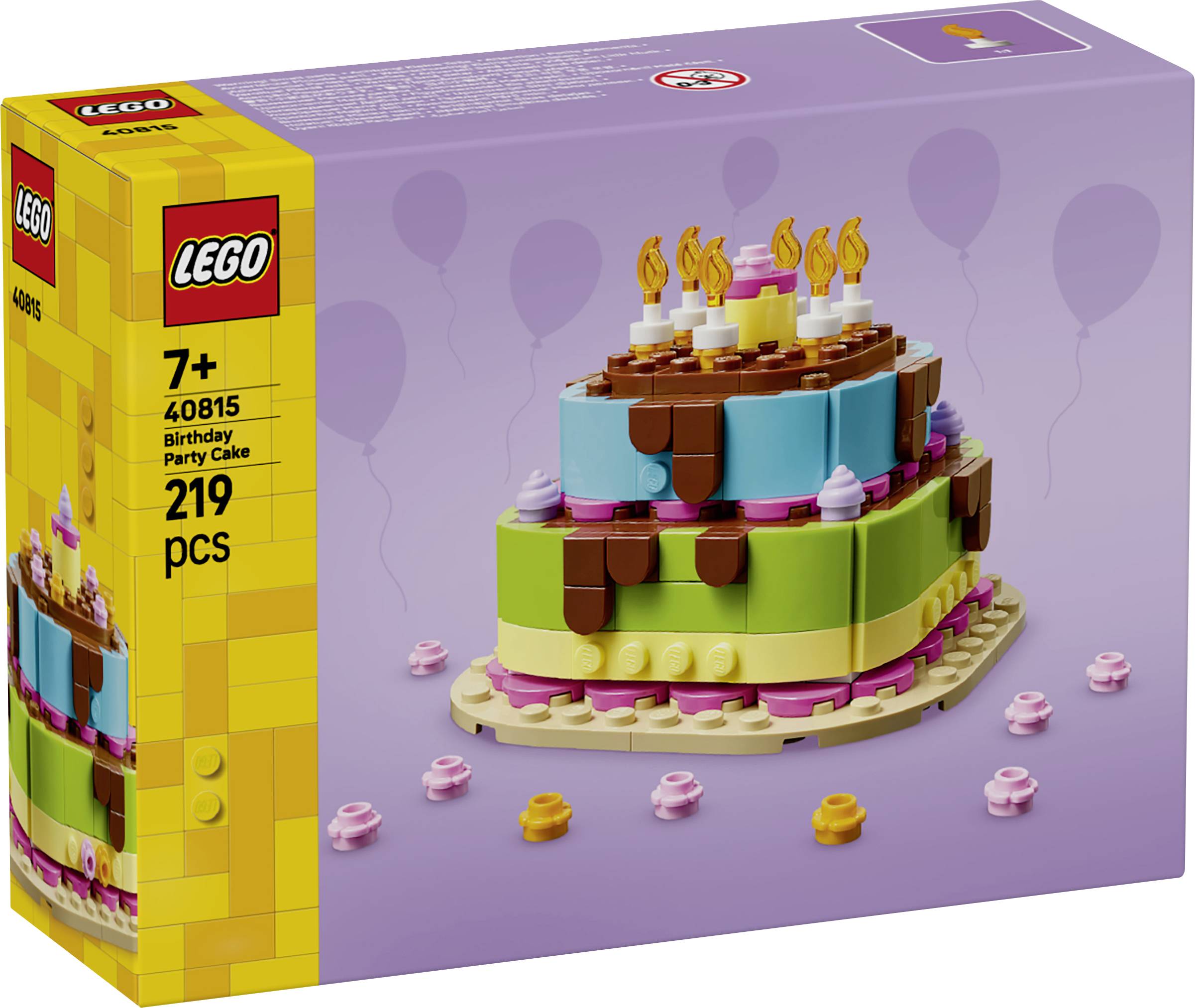 Boîte de set Gâteau d'Anniversaire LEGO, à partir de 7 ans, 219 pièces, montrant un gâteau à deux étages avec des bougies sur un fond violet.