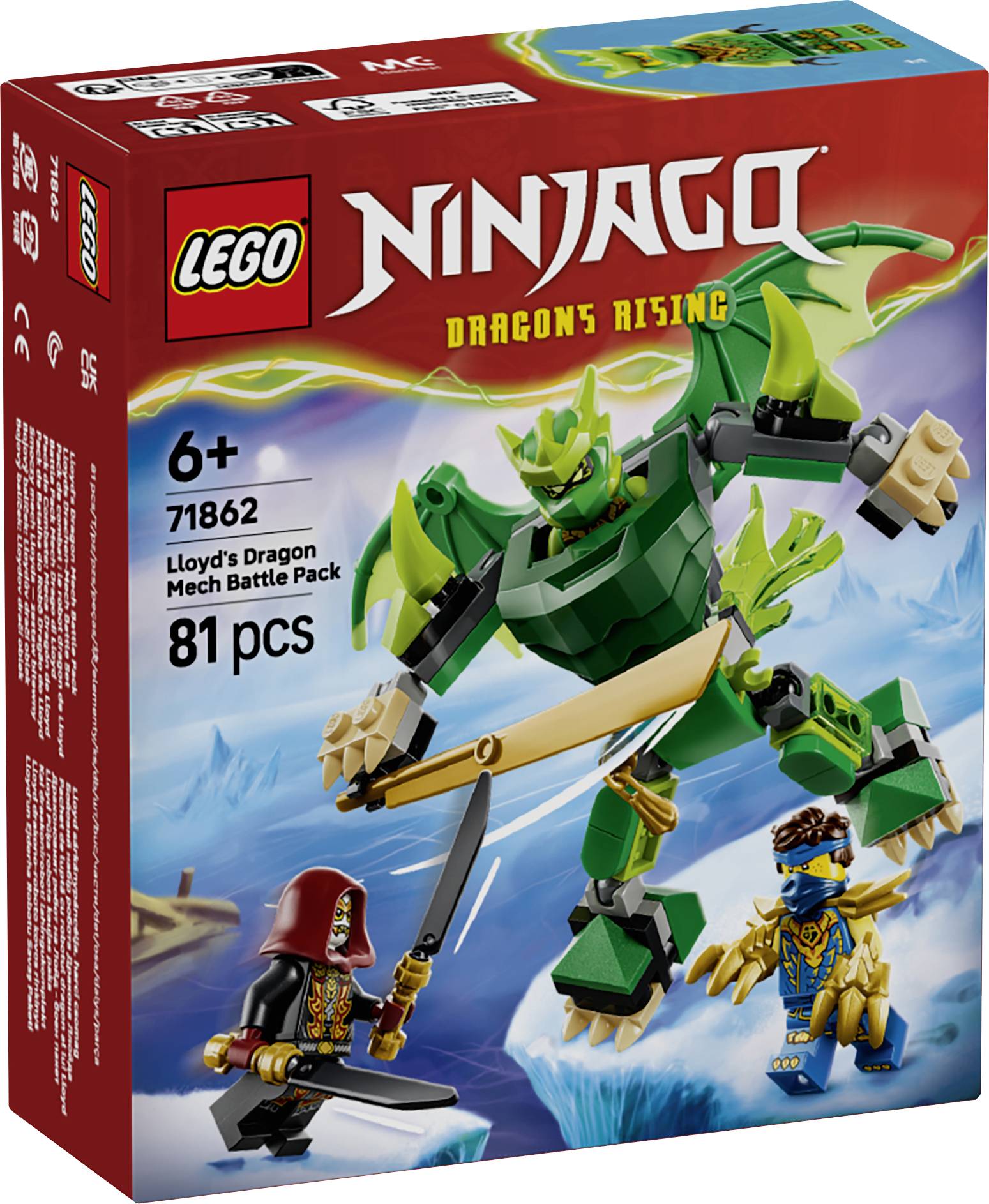 Coffret LEGO Ninjago Dragons Rising montrant le Pack de Combat du Mecha Dragon de Lloyd, à partir de 6 ans, 81 pièces, set 71826, avec deux minifigures et un mecha dragon vert.
