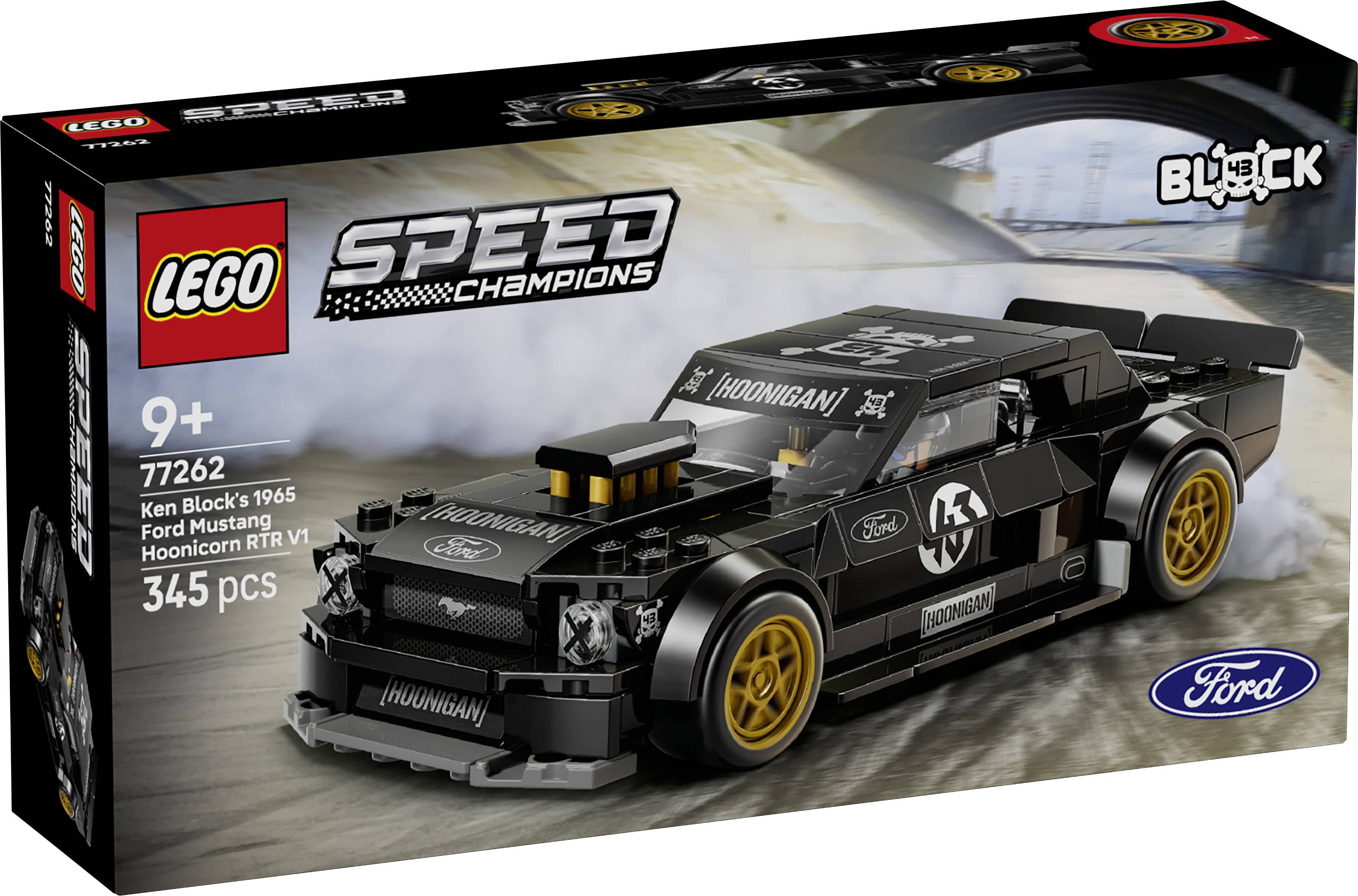 Boîte de set LEGO Speed Champions Ken Block's 1965 Ford Mustang Hoonicorn RTR V1, affichant un modèle de voiture de course noire et 345 pièces pour les âges 9+.