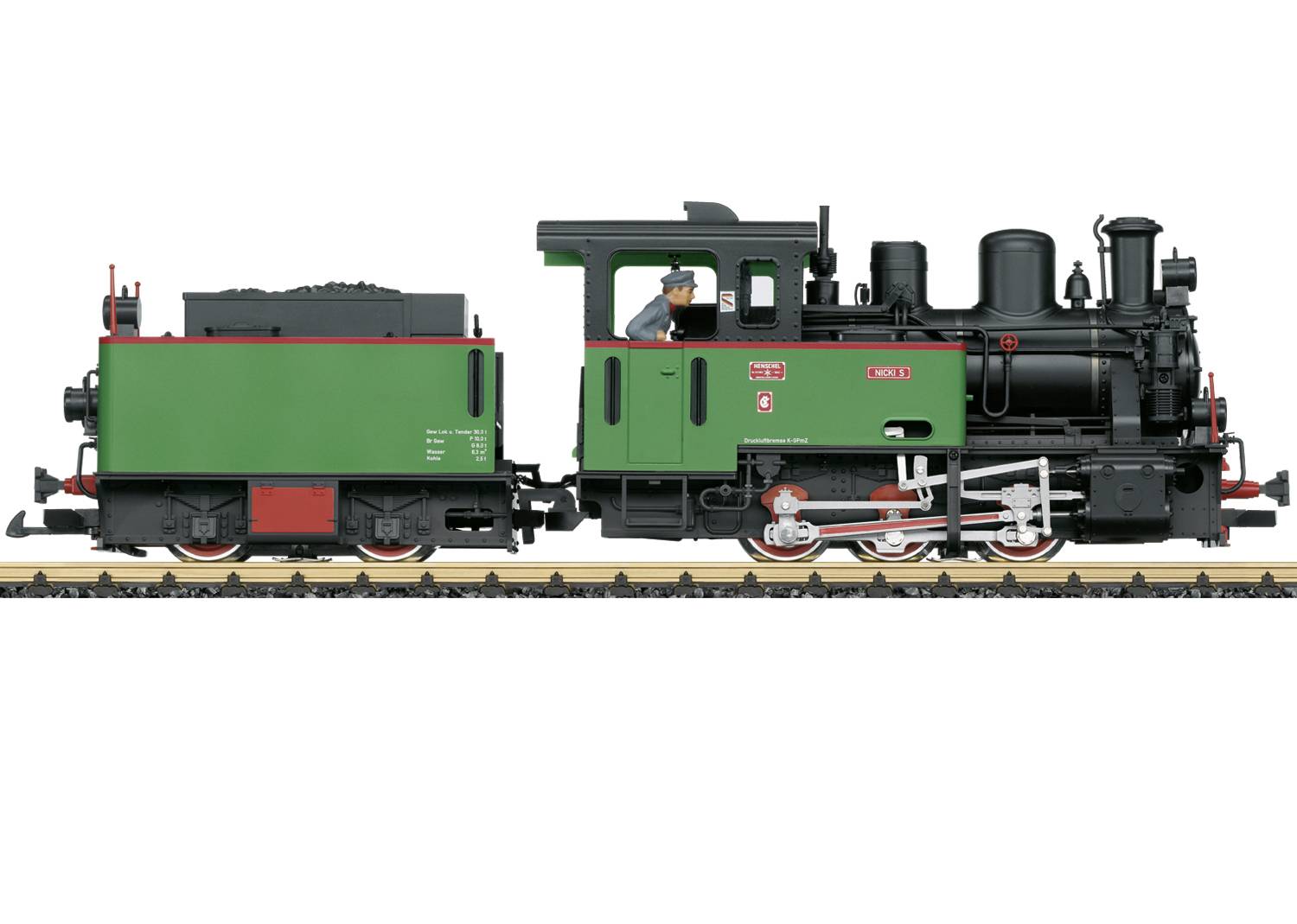 Vue latérale d'une locomotive à vapeur verte et noire avec tender attaché sur des rails, présentée isolée sur un fond blanc.