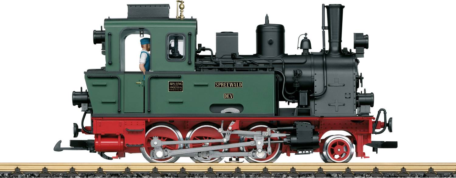 Vue latérale d'une locomotive à vapeur verte et rouge avec une cheminée noire et des roues argentées sur des rails de chemin de fer.