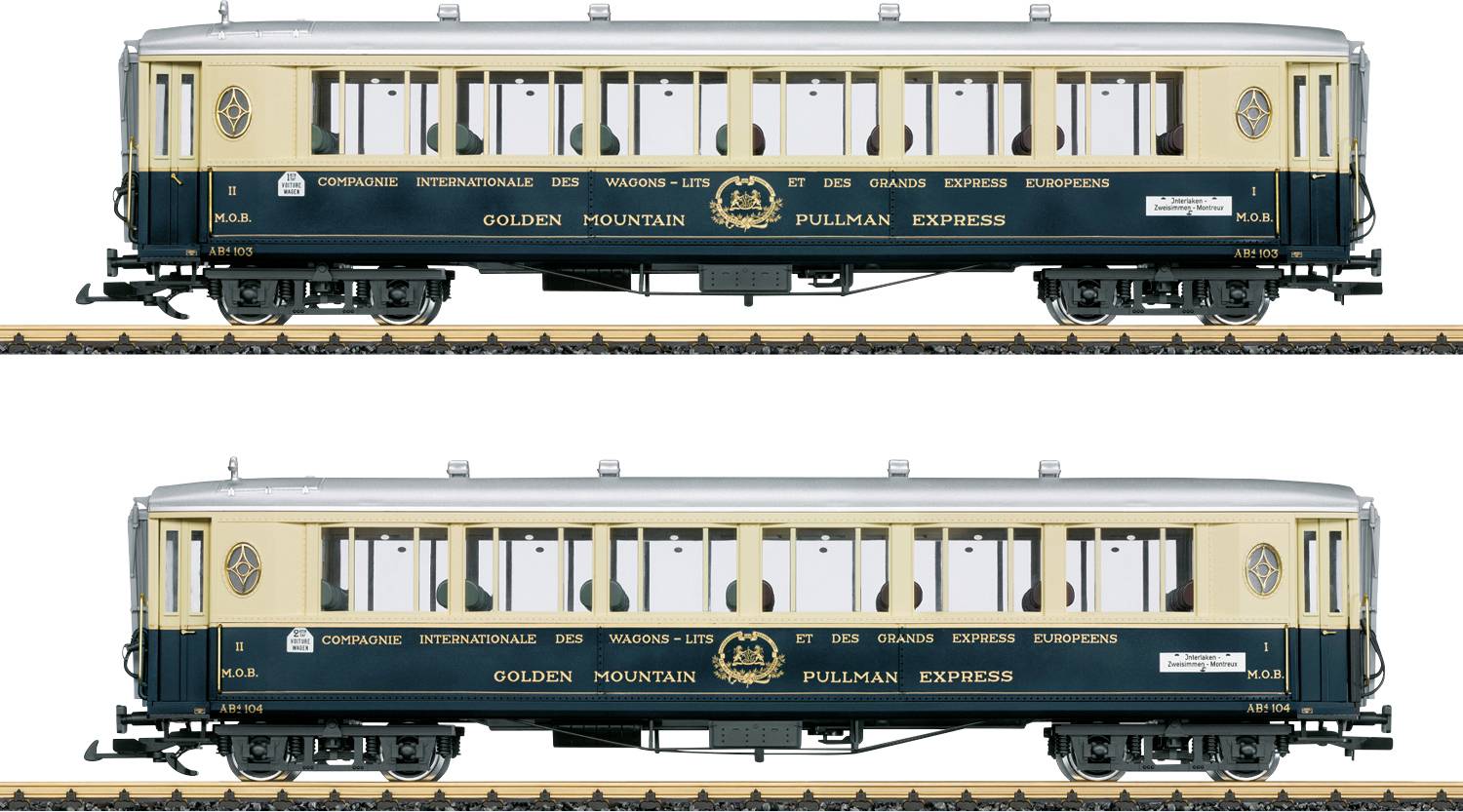 Deux voitures de train vintage vues de côté étiquetées « Golden Mountain Pullman Express » sur un fond blanc, l'une au-dessus de l'autre.