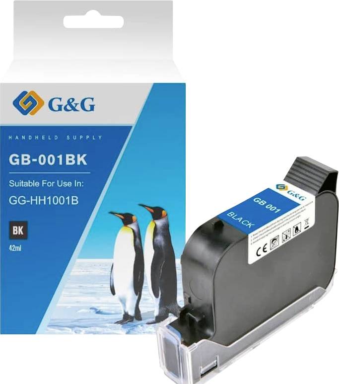 Cartouche d'encre noire G&G GB-001BK dans son emballage, étiquetée pour utilisation avec GG-HH1001B et affichant des pingouins sur la boîte.