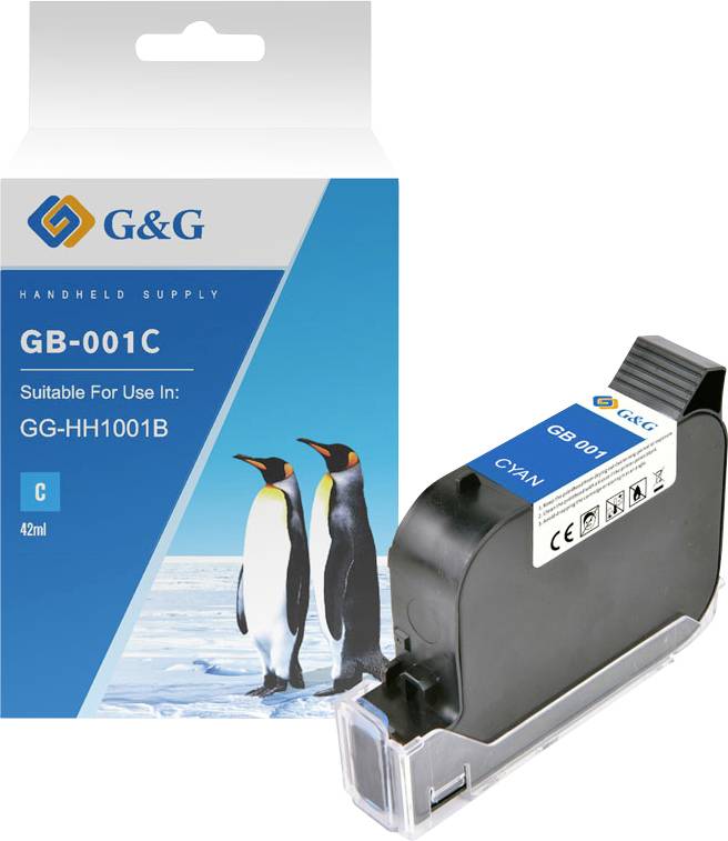 Cartouche d'encre cyan G&G GB-001C présentée avec son emballage de vente au détail, étiquetée pour une utilisation dans les imprimantes GG-HH1001B.