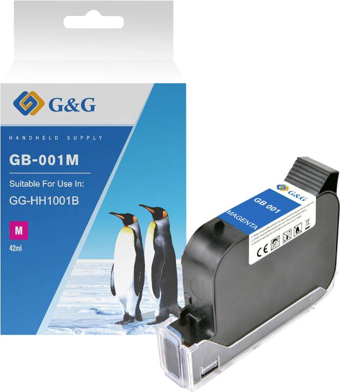 Cartouche d'encre de ravitaillement portable G&G GB-001M dans son emballage, présenté avec une cartouche noire et un capuchon transparent ; l'étiquette indique compatible avec GG-HH1001B, magenta, 42ml.