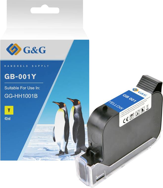 Cartouche d'encre jaune G&G GB-001Y présentée avec sa boîte de produit, mettant en vedette des pingouins et une étiquette visible de 42ml.