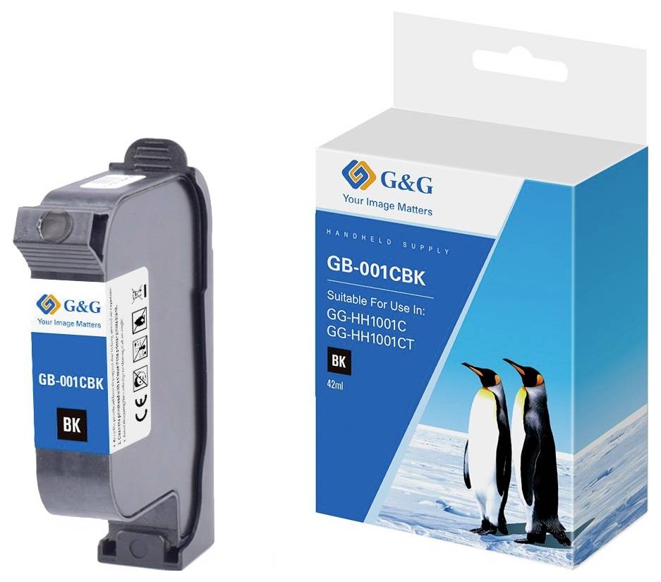 Cartouche d'encre noire G&G GB-001CBK affichée à côté de sa boîte de vente au détail, étiquetée compatible avec GG-HH1001C et GG-HH1001CT.