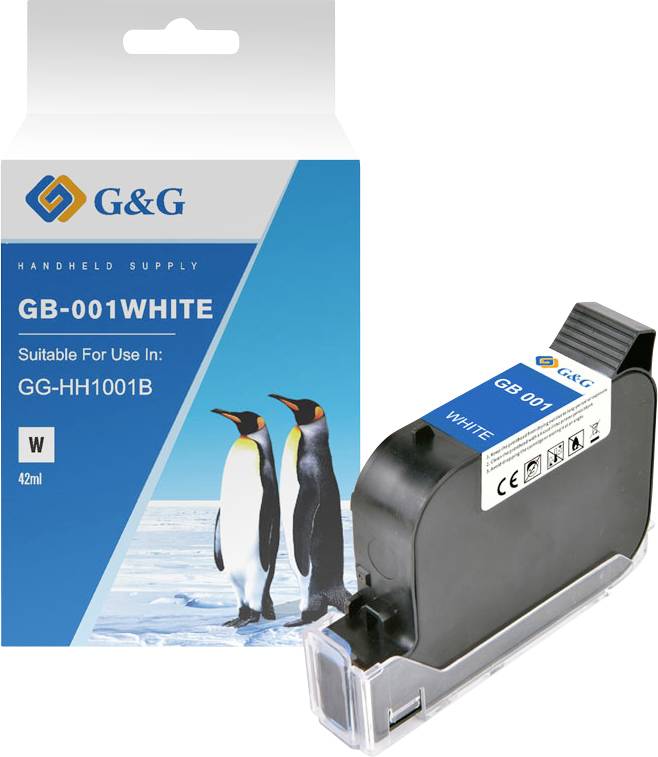 Cartouche d'encre de recharge G&G GB-001WHITE à côté de son emballage bleu, étiquetée comme convenant à l'utilisation dans le GG-HH1001B.