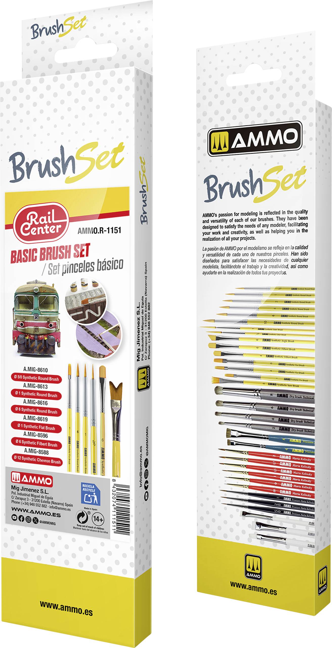 Deux vues de l'emballage de l'ensemble de pinceaux de base AMMO by Mig dans des boîtes blanches et jaunes, montrant les illustrations de pinceaux, les détails du produit et l'image de marque « BrushSet ».