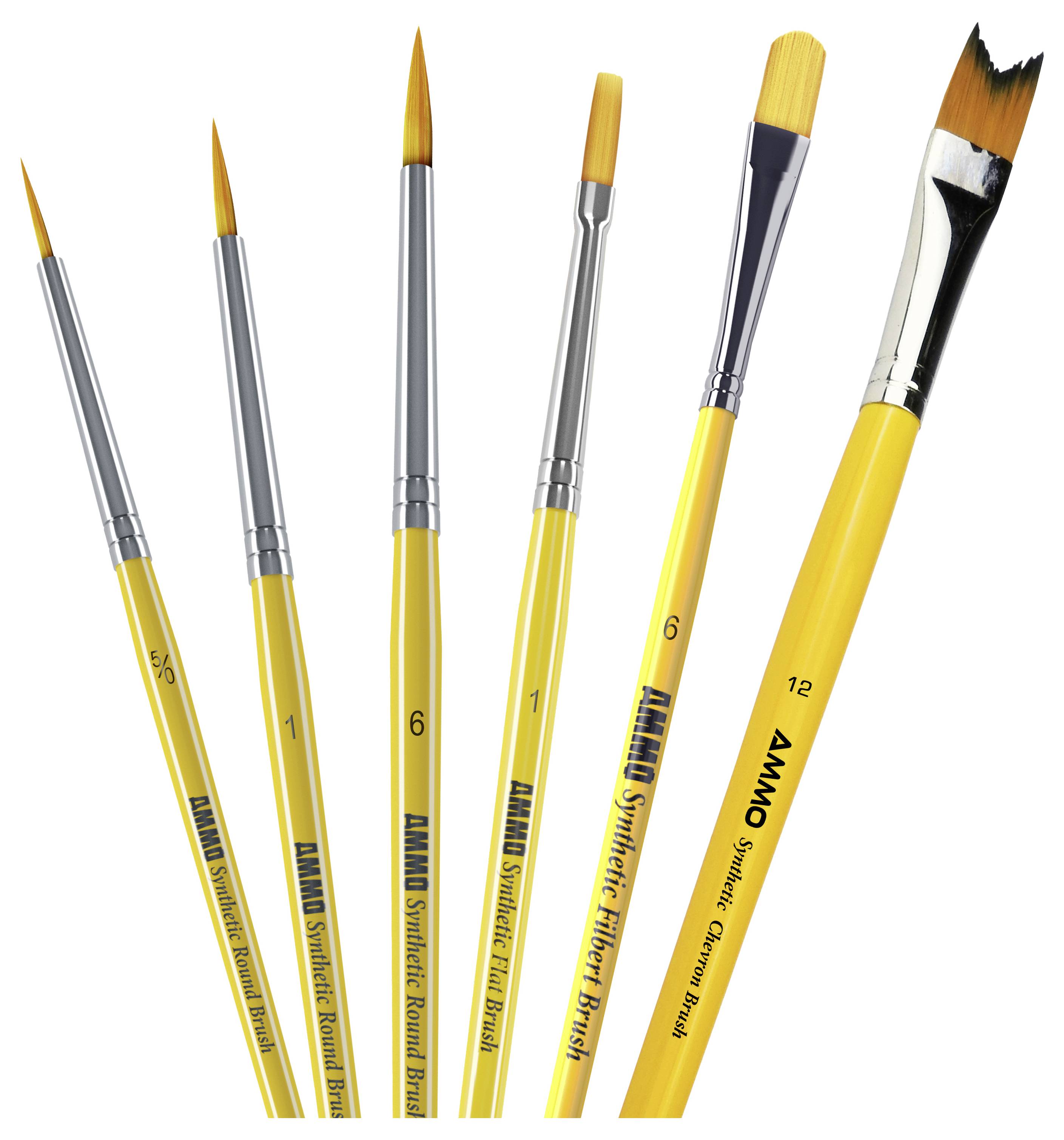 Six pinceaux à peinture à manche jaune de différentes tailles et formes affichés verticalement sur un fond blanc.