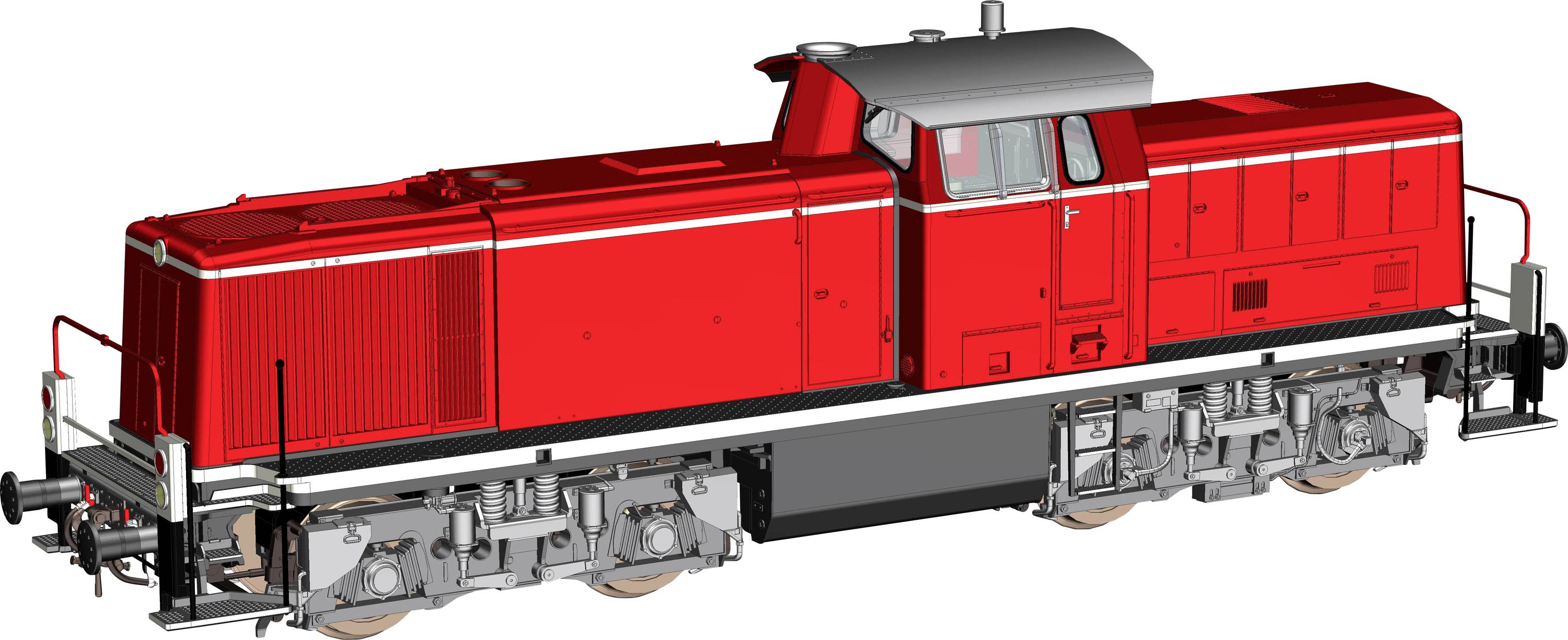 Locomotive diesel rouge présentée en vue latérale, isolée sur un fond blanc.