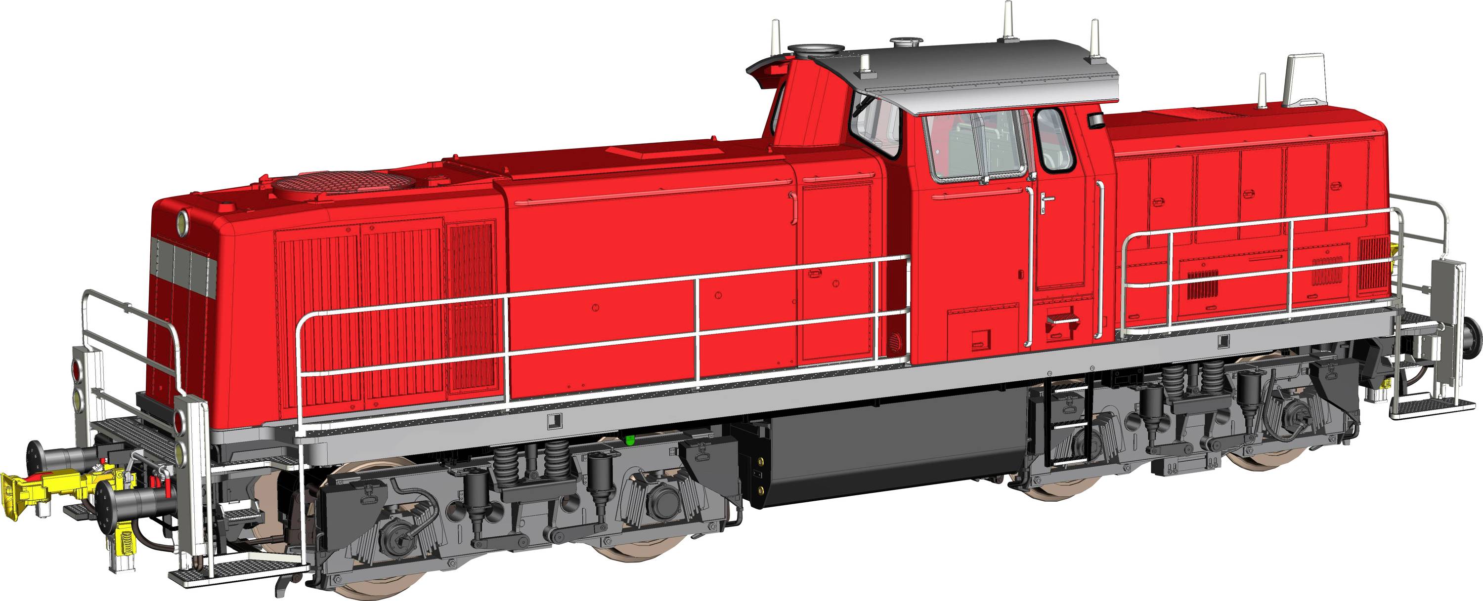 Locomotive diesel rouge affichée en vue de côté, avec un corps rouge, un châssis gris, des rampes de sécurité et un attelage d'accouplement avant sur un fond blanc.