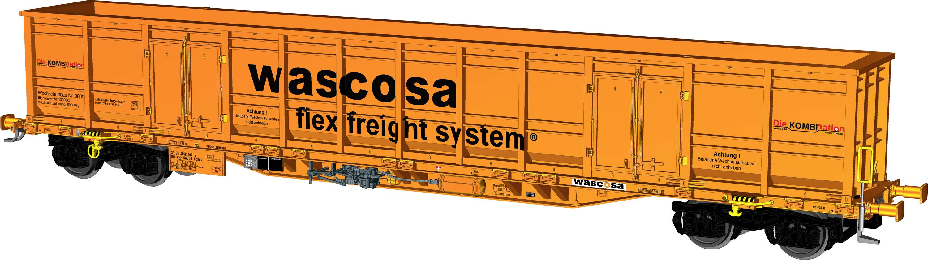 Wagon de système de fret flexible Orange Wascosa en vue latérale, avec un grand marquage 'wascosa' et les détails de la porte d'extrémité.
