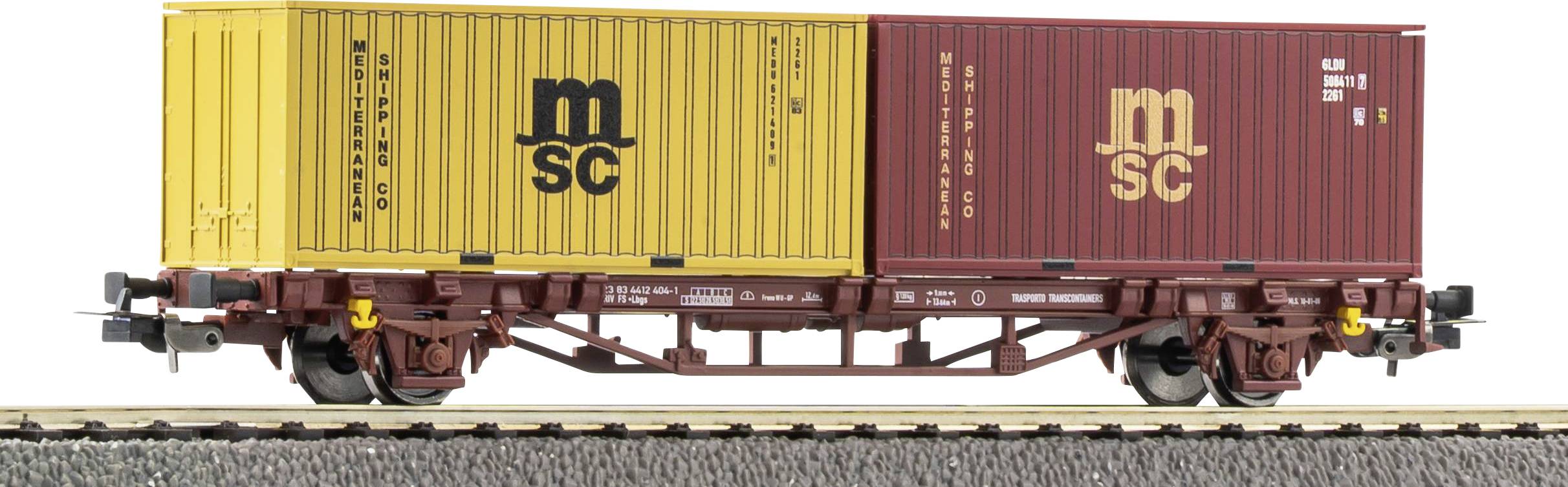 Deux wagons-citernes de fret sur les rails : un conteneur MSC jaune et un conteneur MSC rouge montés sur un wagon plat de rail brun.