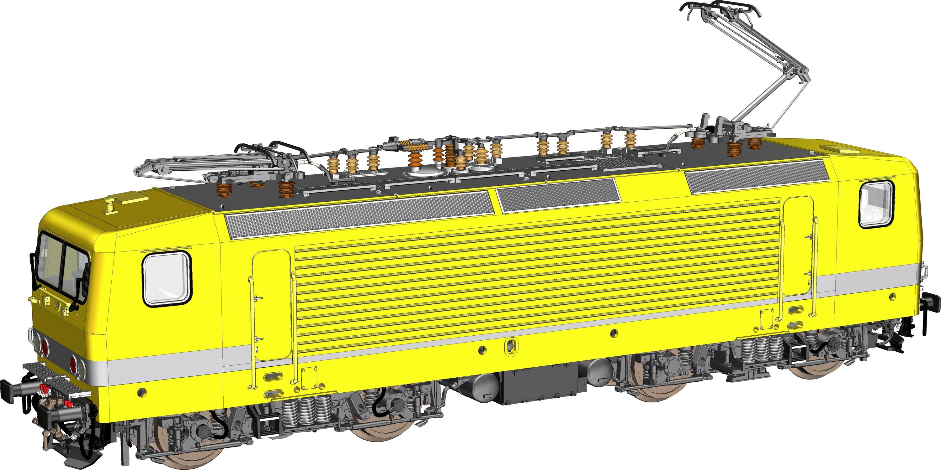 Locomotive électrique jaune avec pantographe relevé, présentée en vue latérale sur fond blanc.