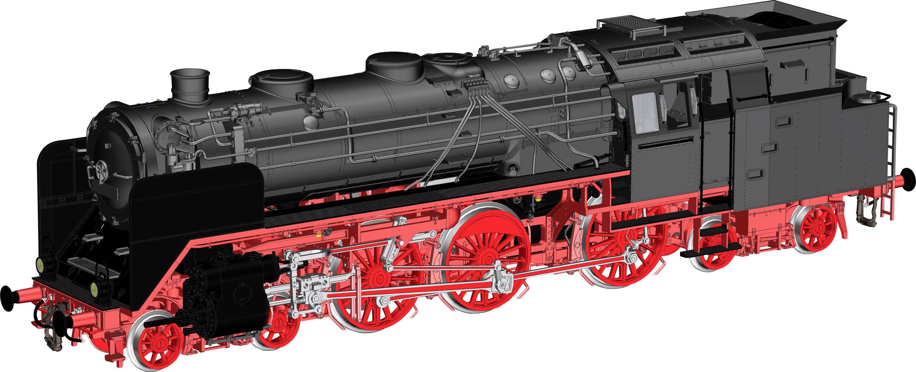 Vue de côté d'une locomotive à vapeur noire avec des roues et un châssis rouge vif, présentée isolée sur un fond blanc.