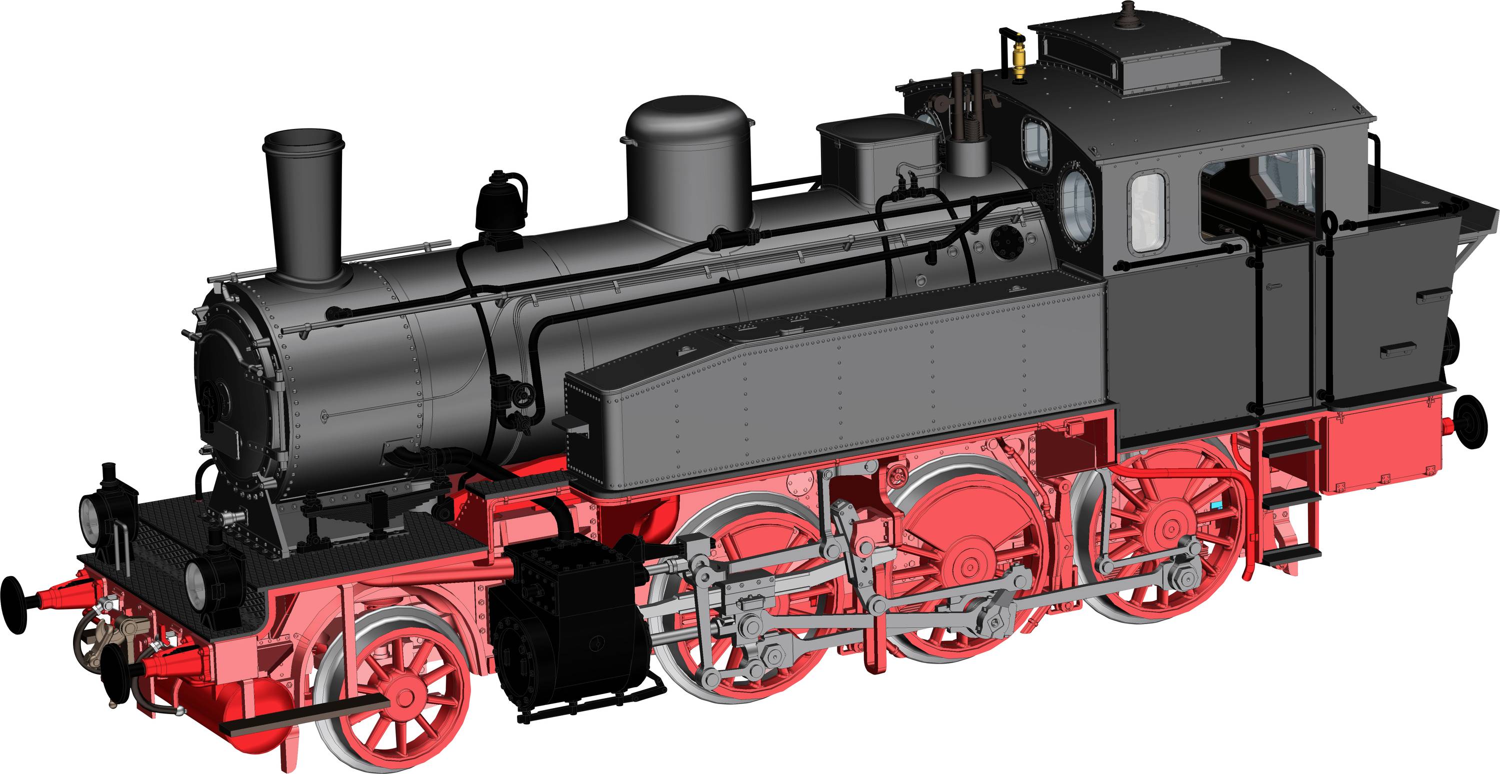 Vue de côté d'une locomotive à vapeur noire avec des roues et un châssis rouge vif sur un fond blanc.