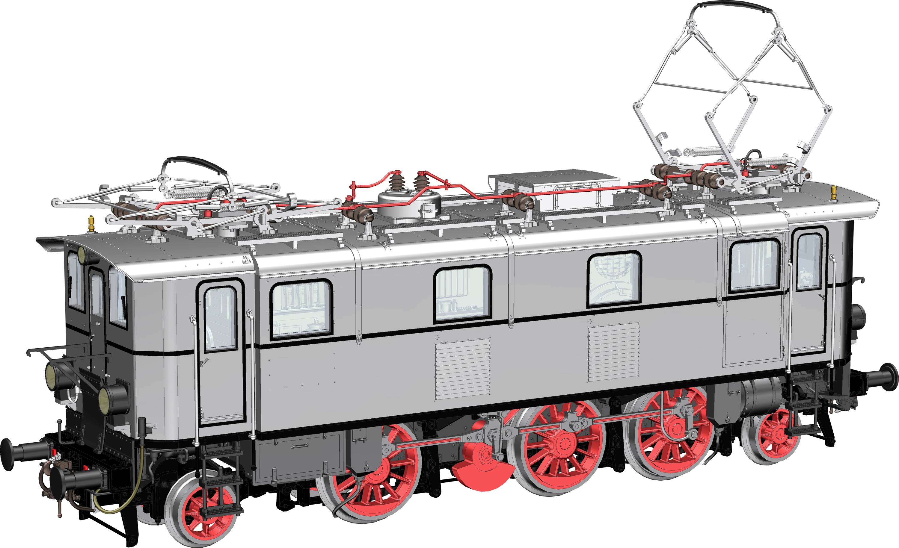 Vue latérale d'une locomotive électrique vintage avec quatre roues rouges et un pantographe relevé, présentée sur fond blanc.