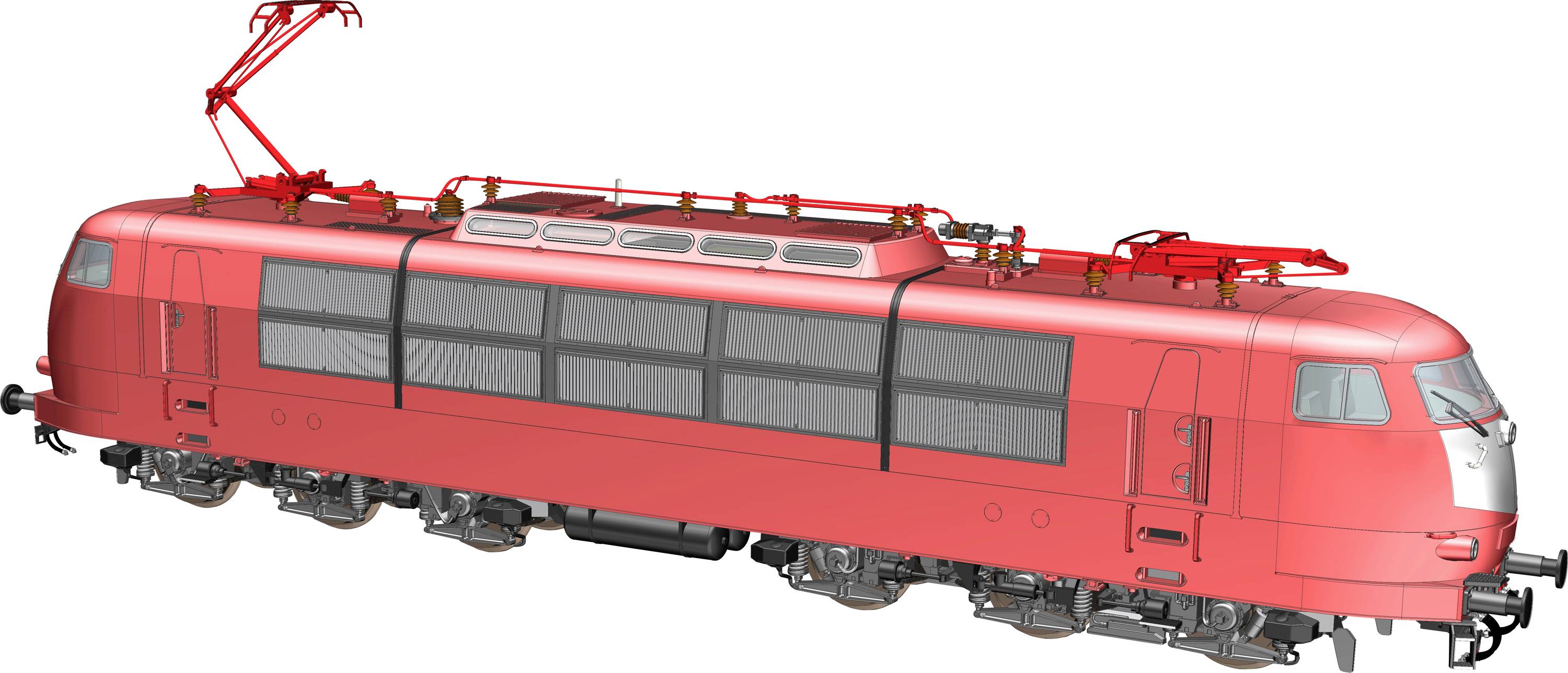 Locomotive électrique rouge montrée en vue latérale, isolée sur un fond blanc, avec pantographe levé et plusieurs fenêtres de passagers.