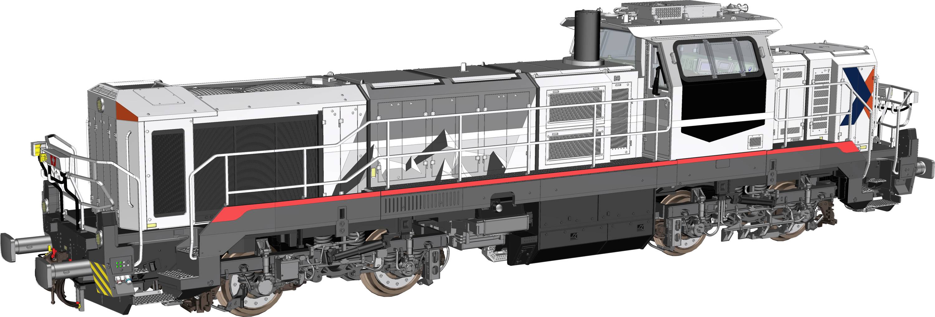 Vue latérale d'une locomotive grise et noire avec des rayures rouges et de grandes fenêtres de cabine, présentée sur un fond blanc.