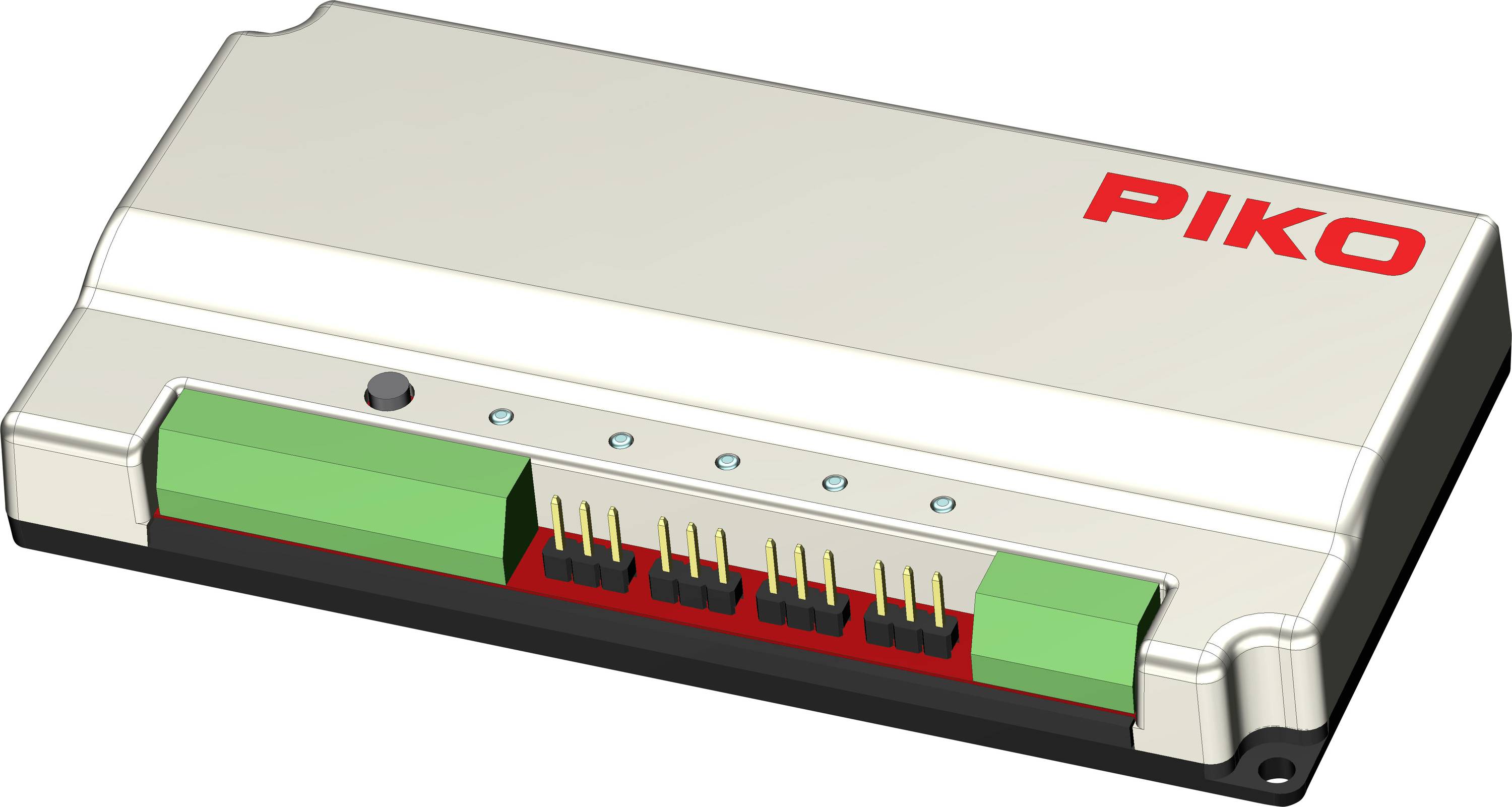 Module électronique PIKO compact avec broches de connecteur rouges et embouts verts, présenté dans une illustration de style produit.