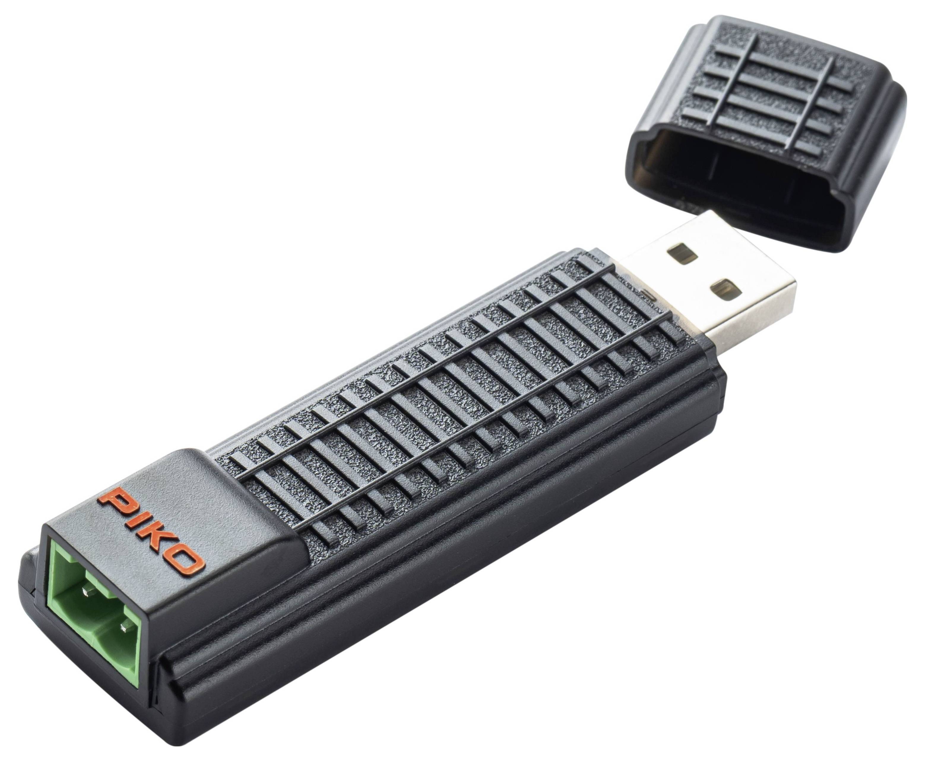 Black USB flash drive with cap removed, showing a green connector and PIKO branding on the body.