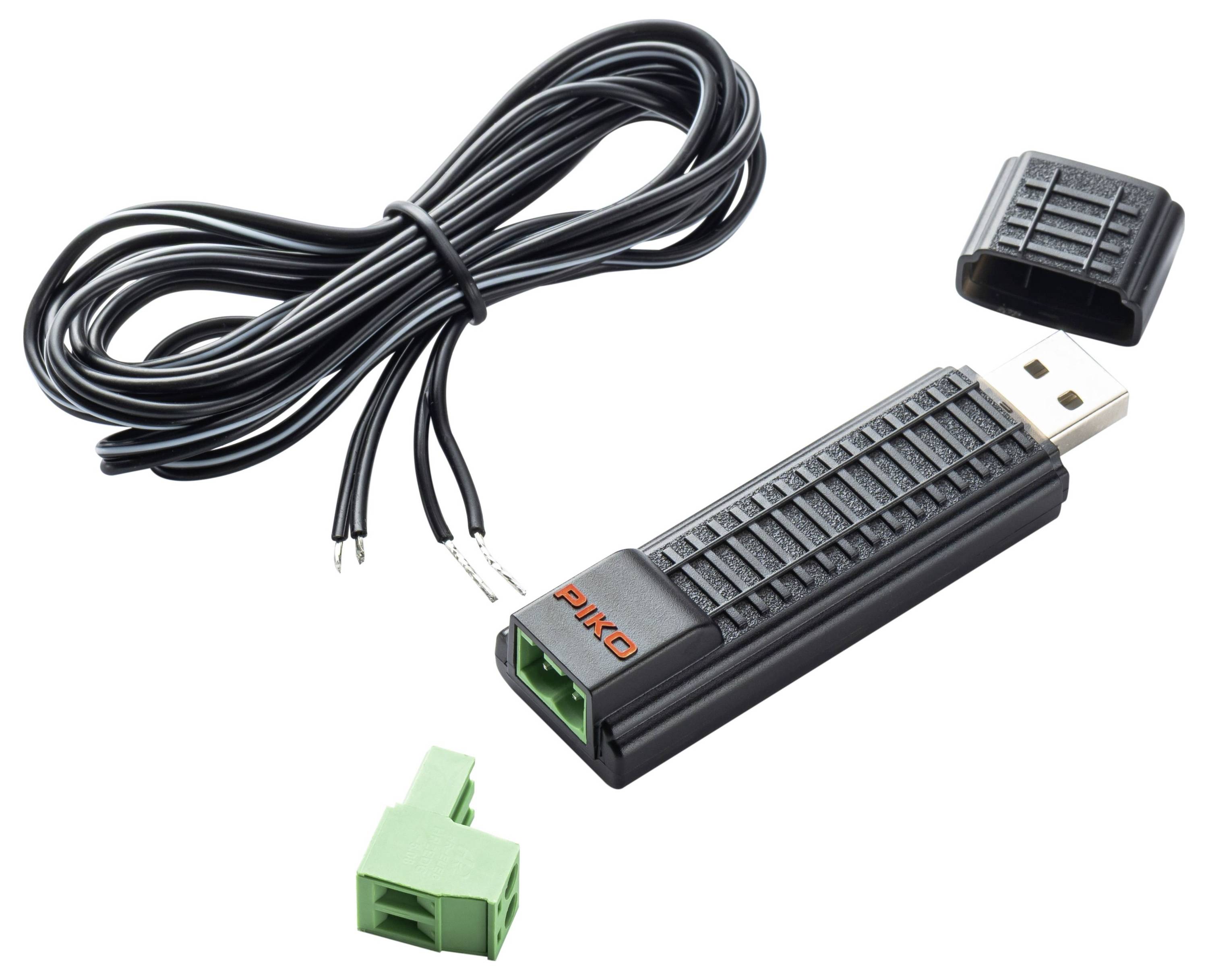 Adaptateur électronique USB avec câble noir, boîtier de l'appareil et deux bouchons de connecteur, présenté sur fond blanc.