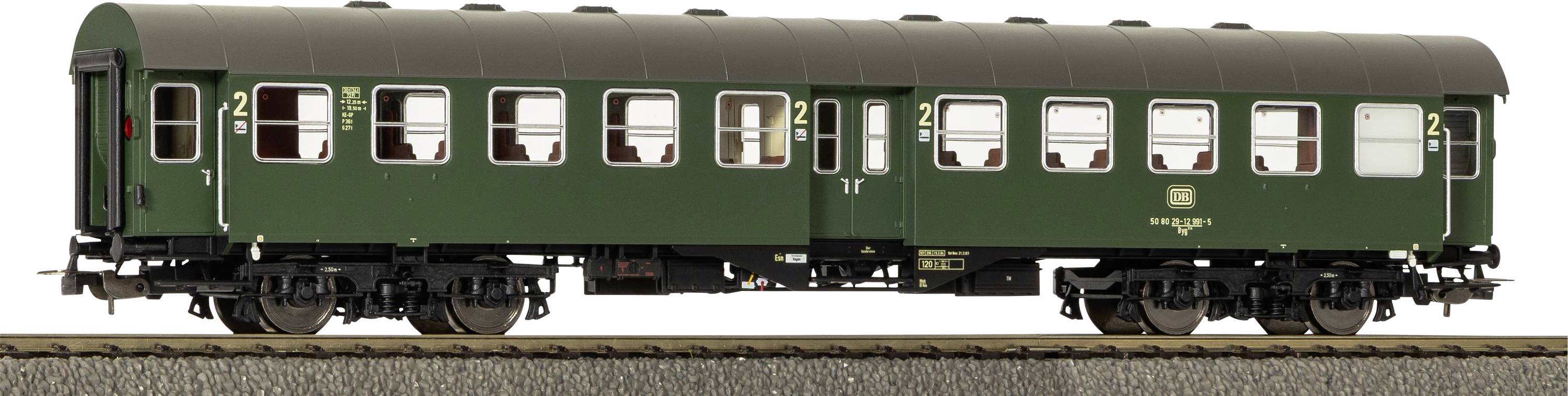 Vue latérale d'une voiture de passagers ferroviaire verte avec de petites fenêtres, étiquetée 1ère/2e classe, présentée sur les rails sur fond blanc.