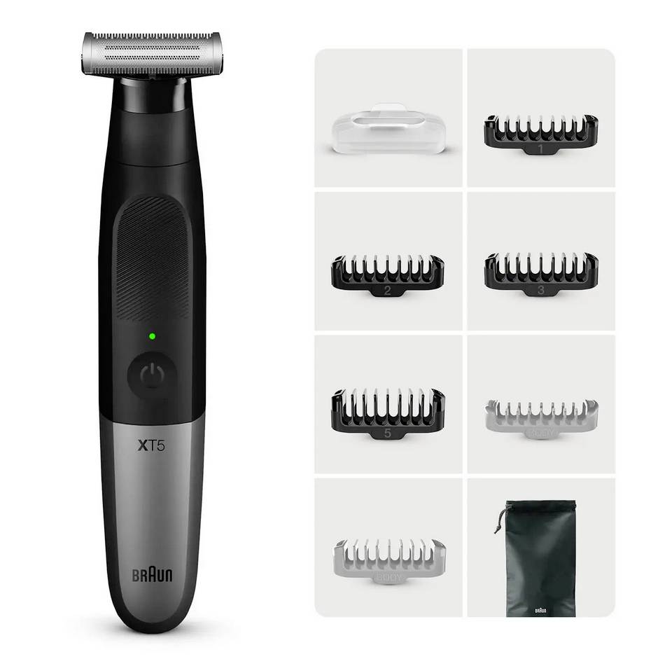Tondeuse électrique Braun XT5 avec plusieurs peignes interchangeables et une pochette de voyage affichée à côté.