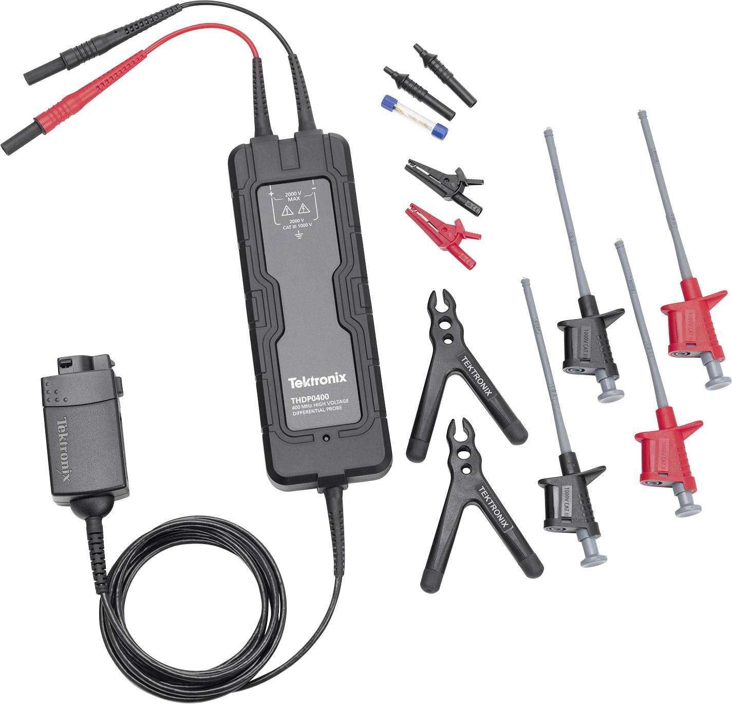 Sonde différentielle haute tension Tektronix THDP0200 avec câbles, clips adaptateurs, crochets de mise à la terre et accessoires de sonde.
