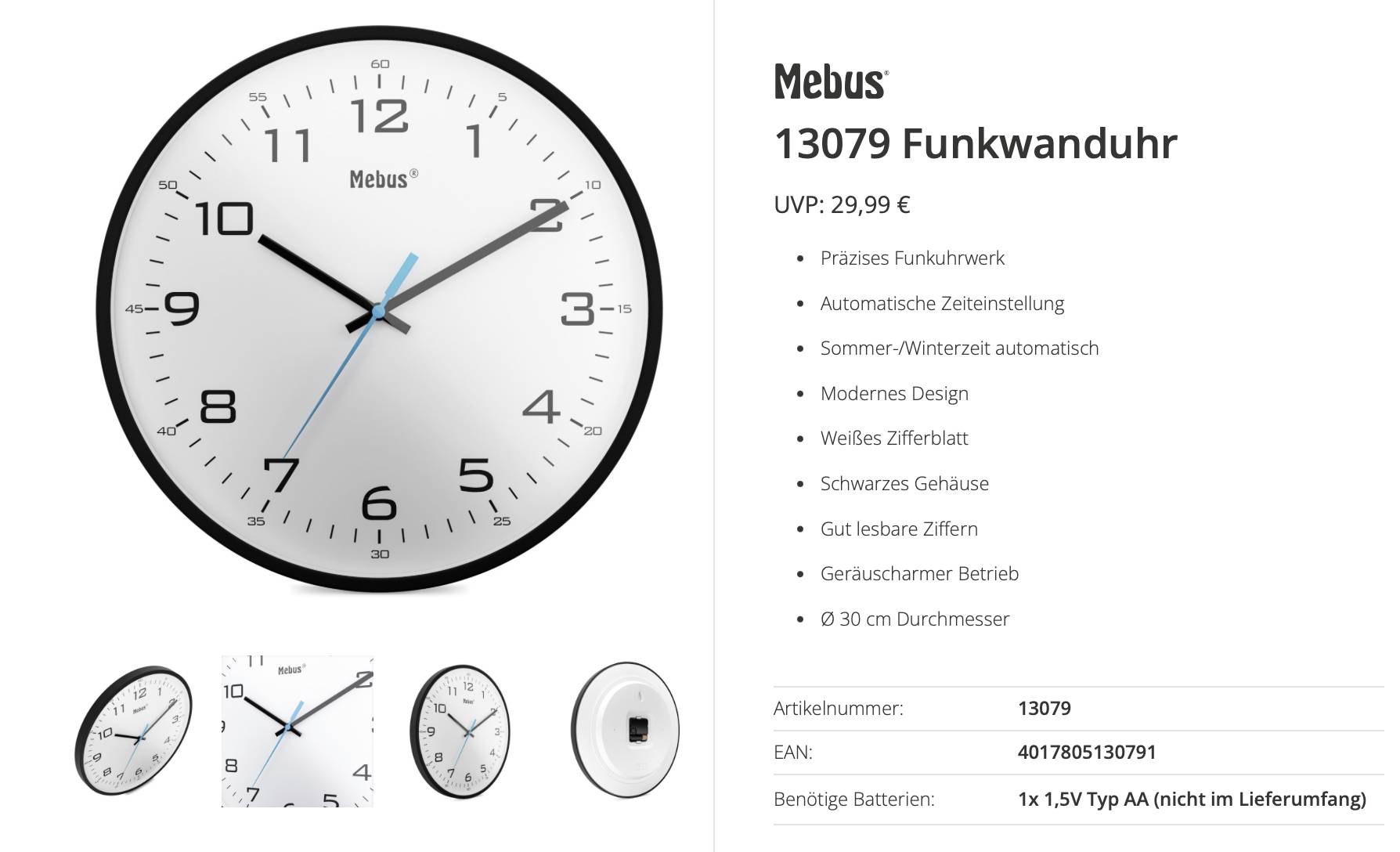 Horloge murale radio-pilotée analogique Mebus 13079 avec cadran blanc, boîtier noir et trotteuse bleue, affichant le prix et les caractéristiques.