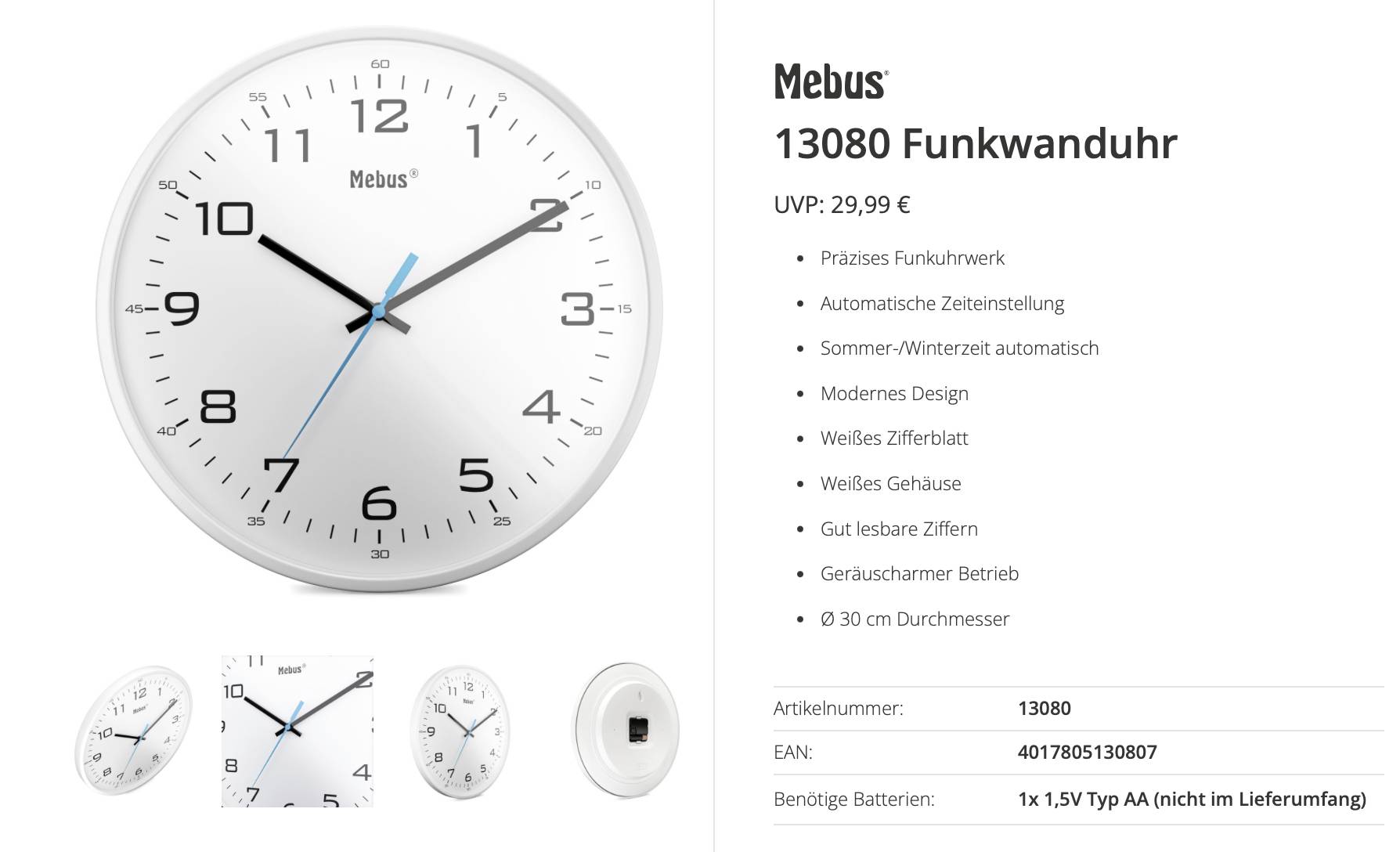 Annonce de produit pour une horloge murale radiocommandée analogique Mebus 13080 avec cadran blanc, chiffres noirs, boîtier argenté et aiguille des secondes bleue ; caractéristiques et prix affichés.
