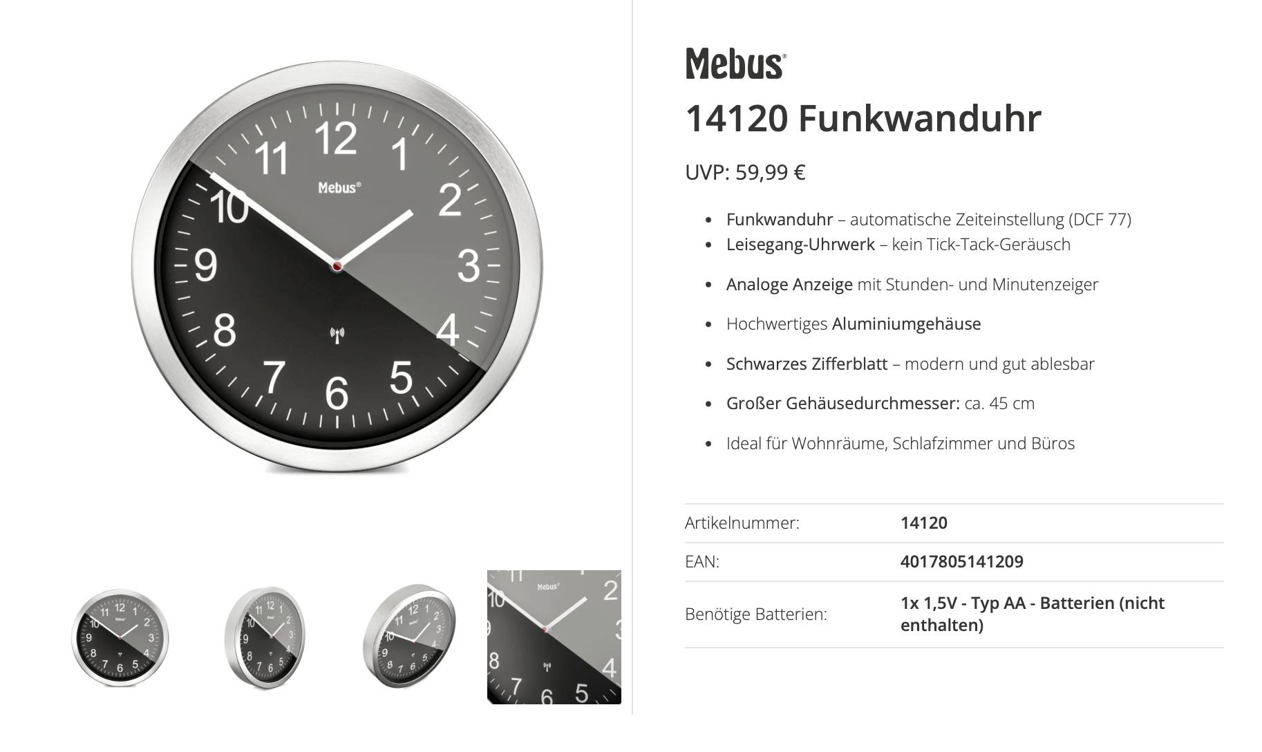 Annonce produit pour horloge murale radio-pilotée Mebus 14120, analogique avec marqueurs de minutes et cadran noir, diamètre 45 cm, au prix de PVP 59,99 €.
