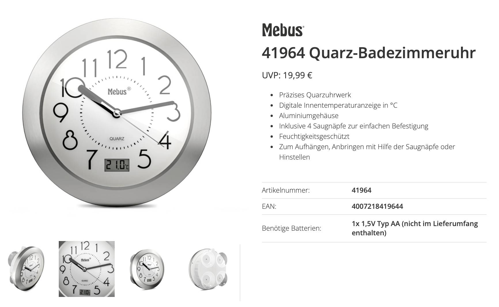 Horloge de salle de bain quartz Mebus 41964, horloge murale analogique ronde argentée avec affichage de la température et montage à ventouse ; détails du produit et prix affichés.