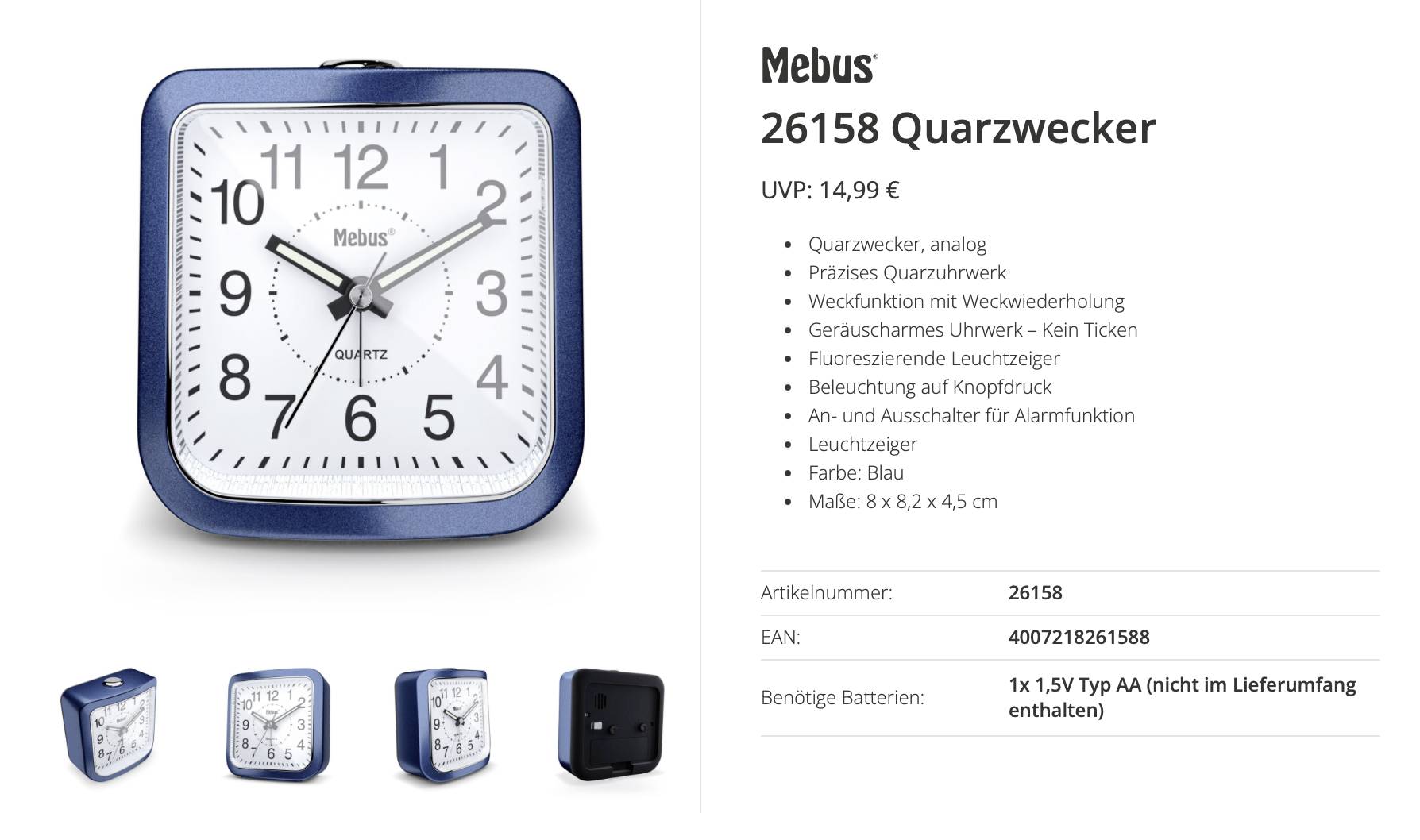 Annonce de produit pour un réveil à quartz Mebus bleu, montrant le cadran de l'horloge et les spécifications : analogique, alarme répétitive, mouvement silencieux, lumière, couleur bleue, et dimensions 8 x 8,2 x 4,5 cm.