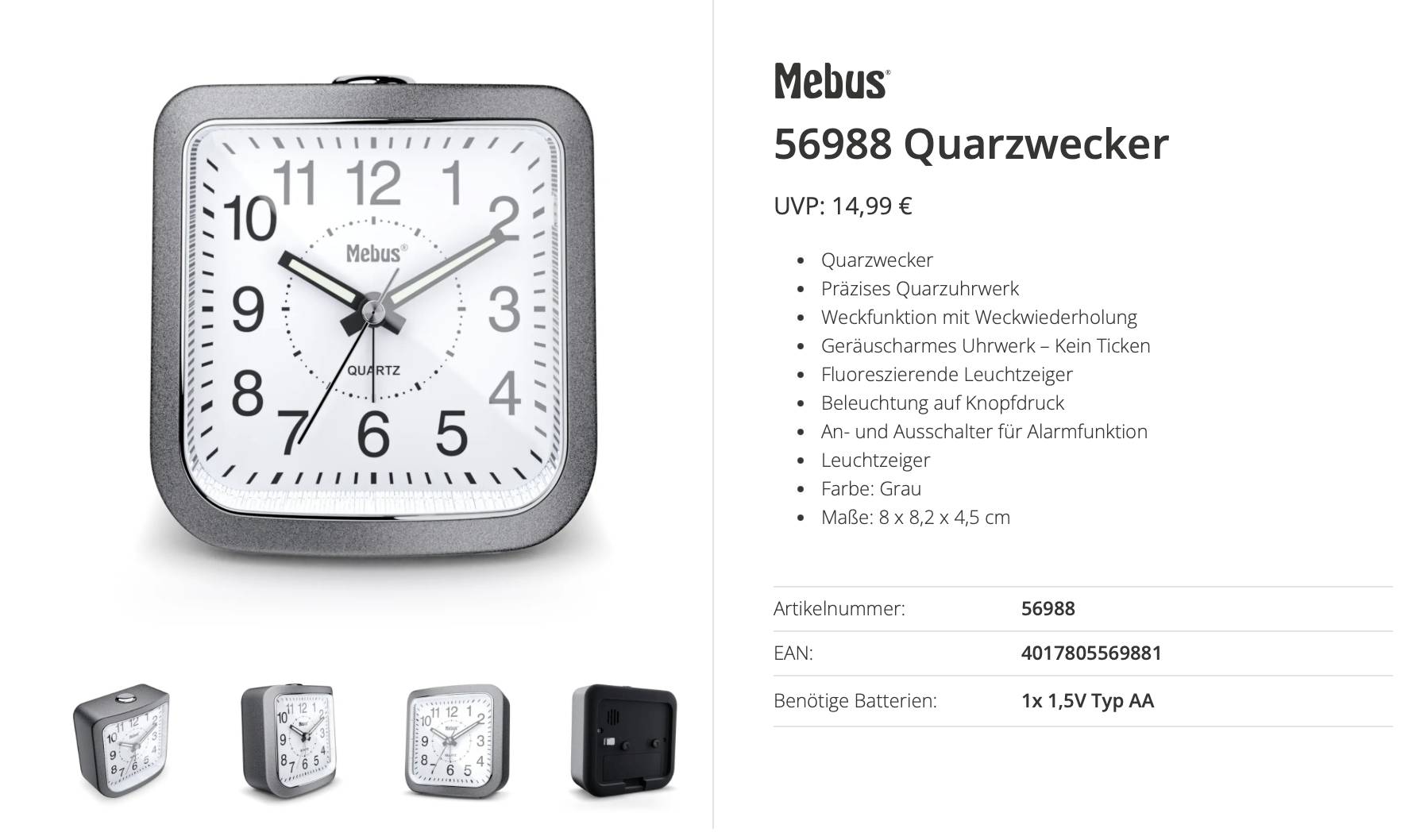 Image de produit d'un réveil carré Mebus 56988 en gris, affichant un cadran analogique et énumérant les fonctionnalités suivantes : mouvement à quartz, répétition d'alarme, balayage silencieux, lumière et fonction d'alarme.