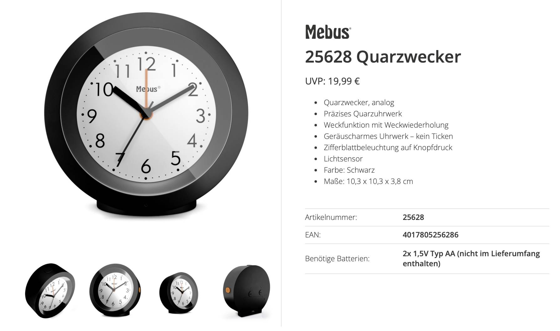 Produktbild einer schwarzen Mebus 25628 Quarz-Wecker, dargestellt in Front- und Seitenansichten, mit aufgelisteten Funktionen und Preis auf Deutsch.