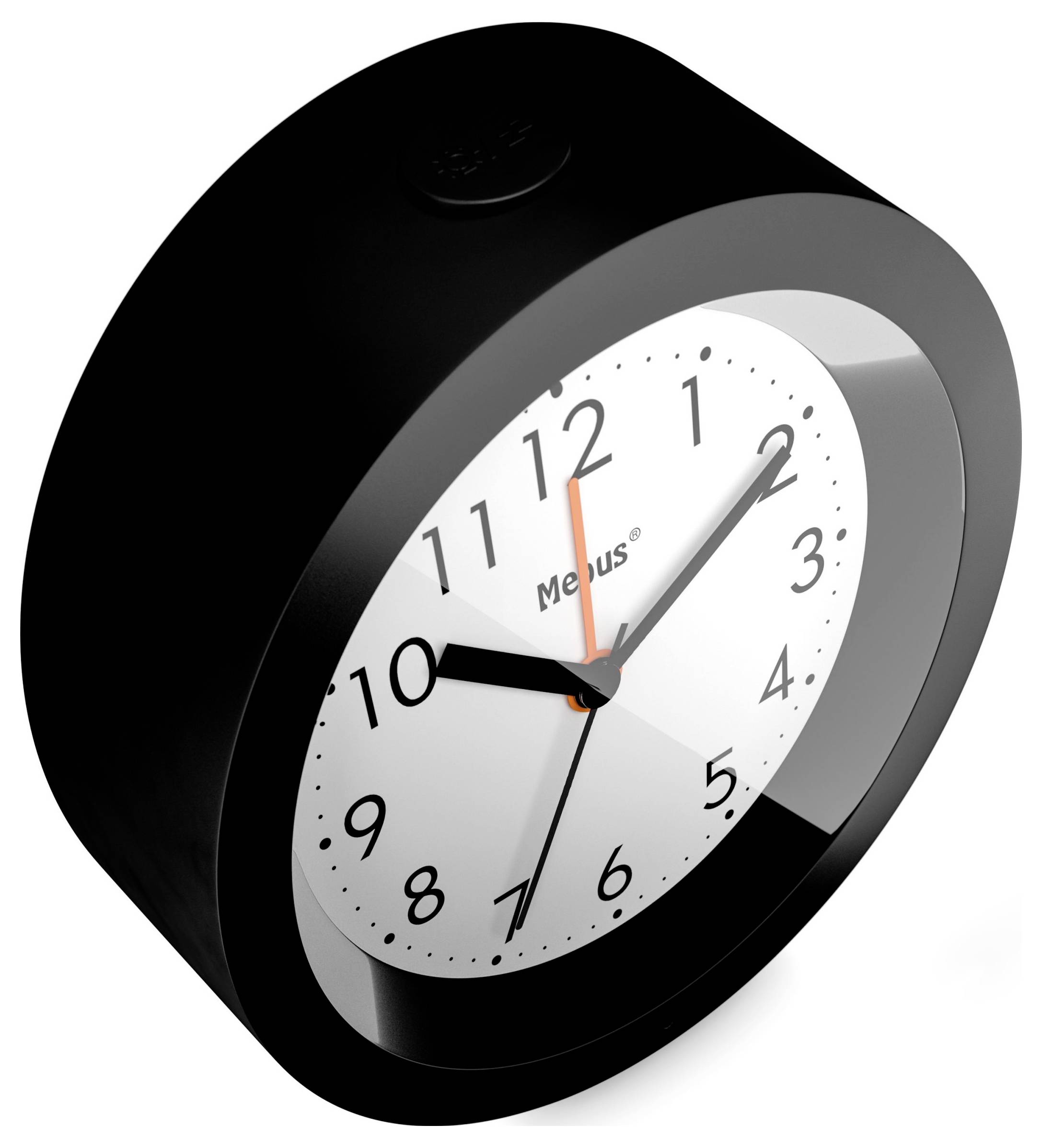 Horloge murale analogique noire inclinée vers la droite, affichant environ 10h10 avec une trotteuse rouge et le nom de marque « Mebus » sur le cadran.