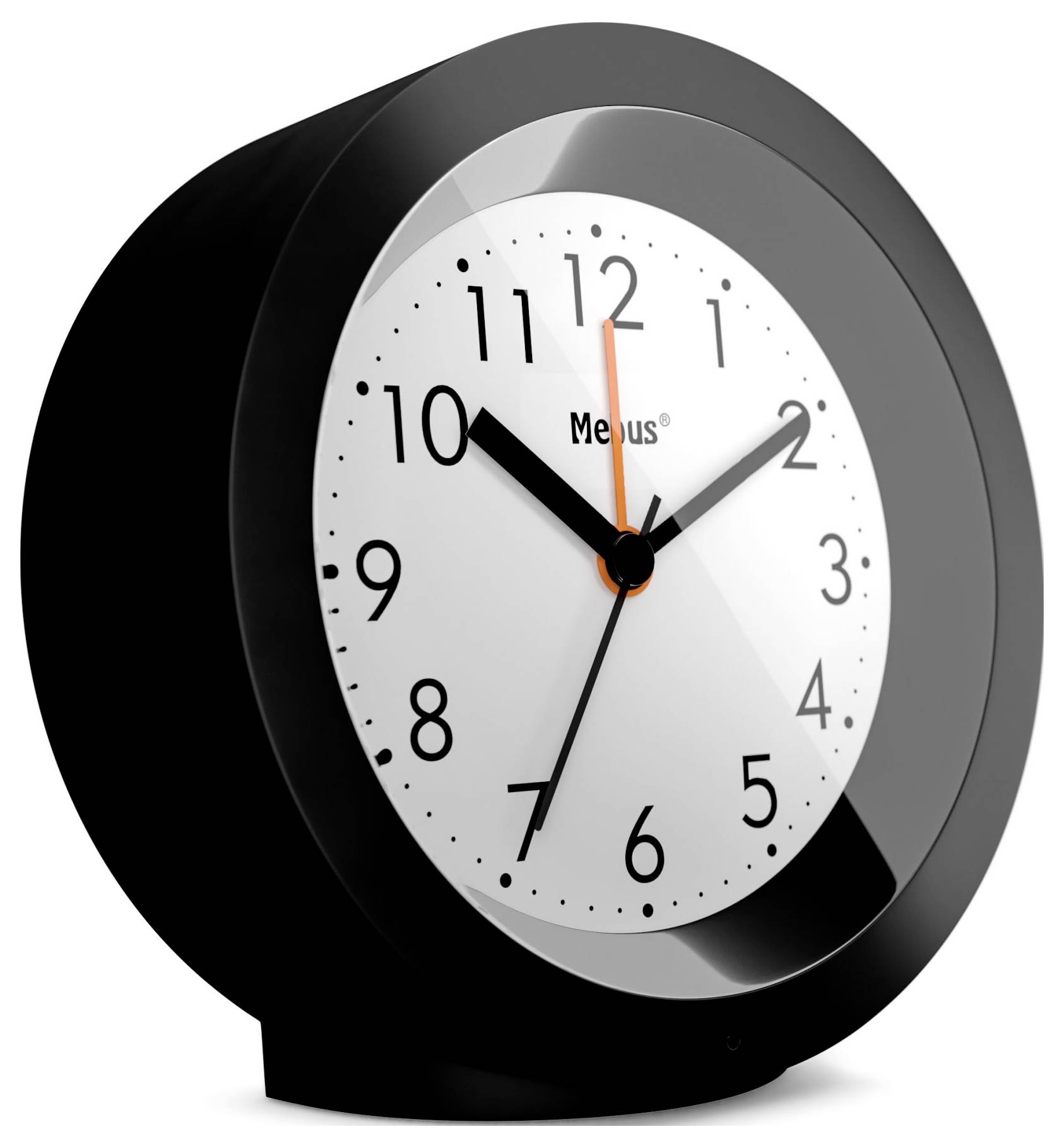 Horloge de bureau analogique moderne noire affichant environ 10h10, avec un cadran blanc et une trotteuse orange.