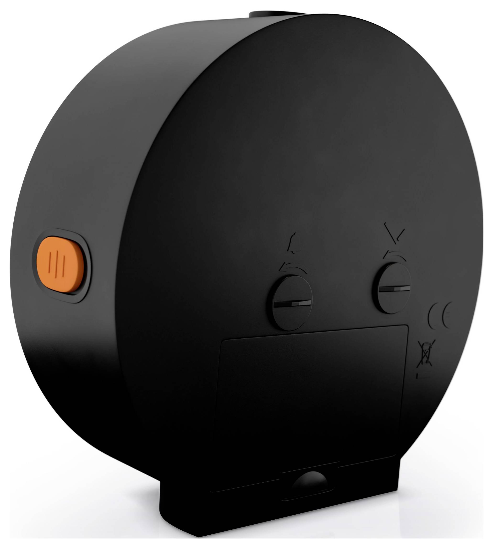Appareil rond noir avec un bouton latéral orange et de petits contrôles à l'avant, présenté isolé sur un fond blanc.