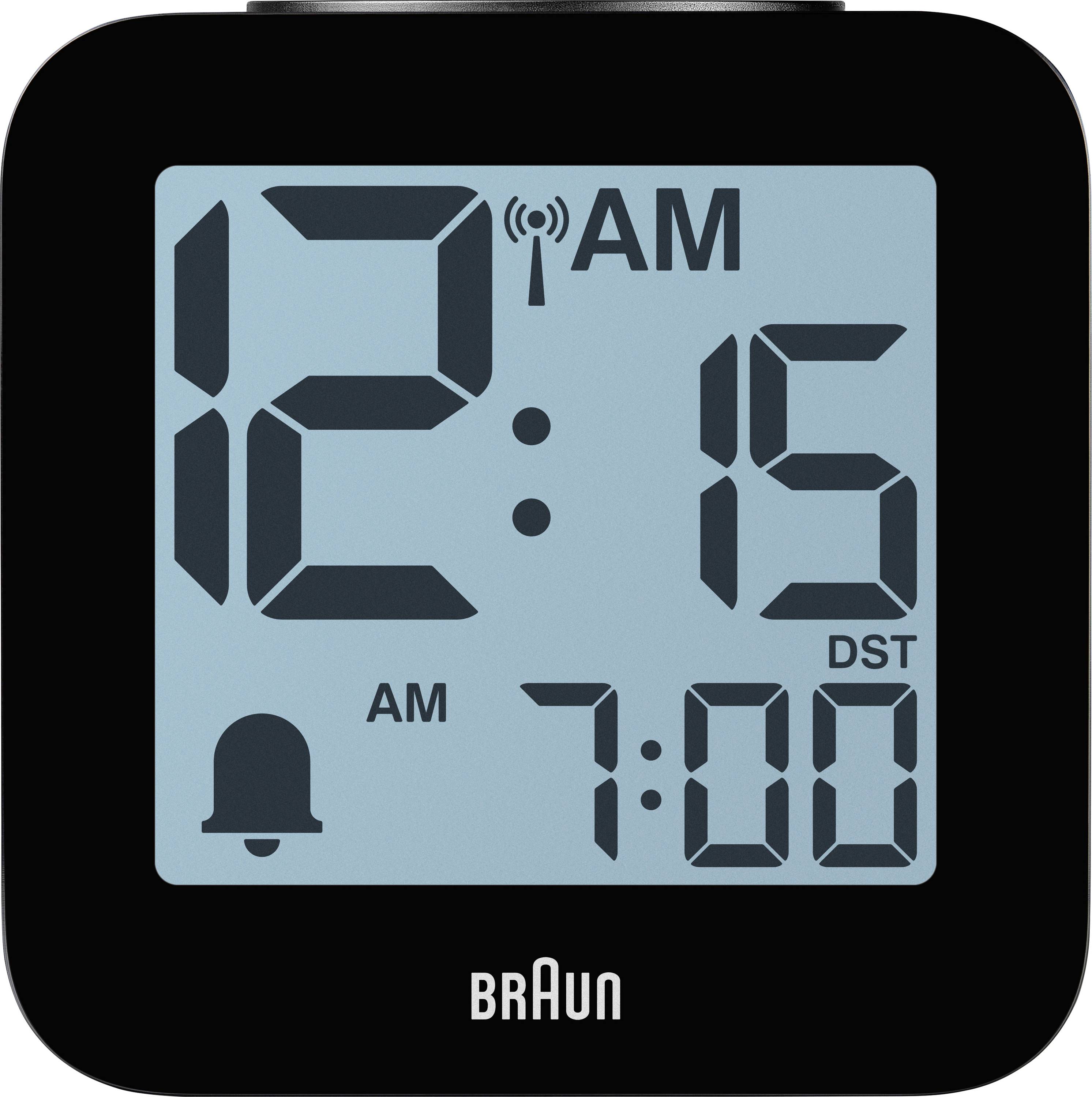 Affichage numérique de réveil Black Braun montrant 12:15 AM, avec alarme réglée sur 7:00 AM et indicateur d'heure d'été.