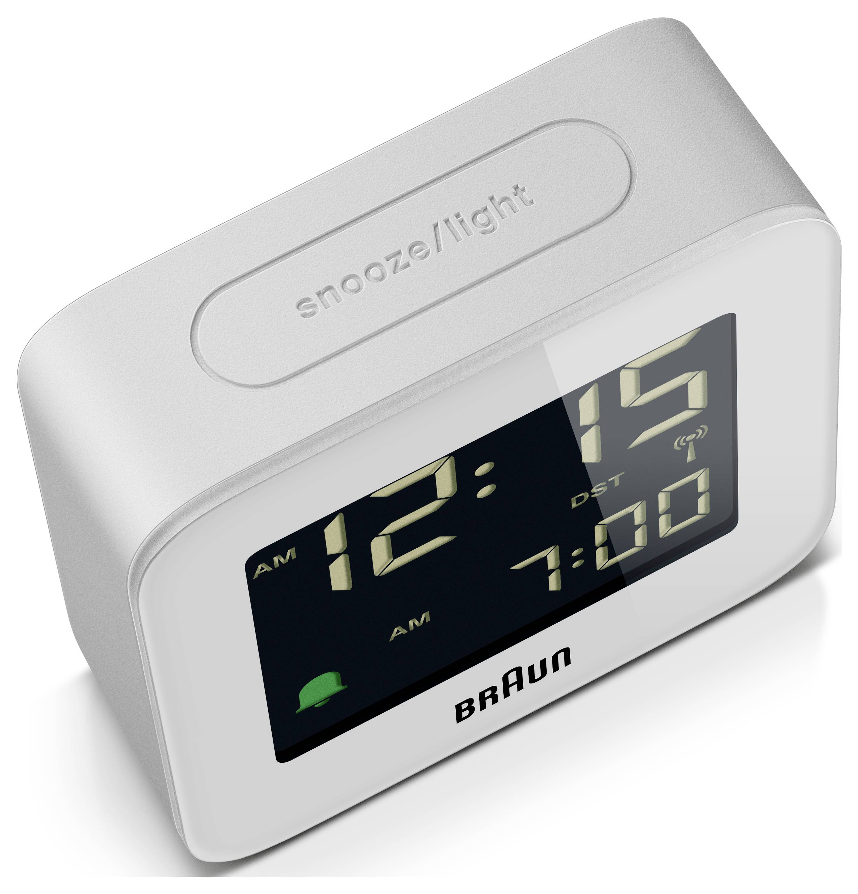 Réveil lumineux blanc Braun avec fonction snooze affichant 12h15 du matin avec la date et une alarme programmée pour 7h00.