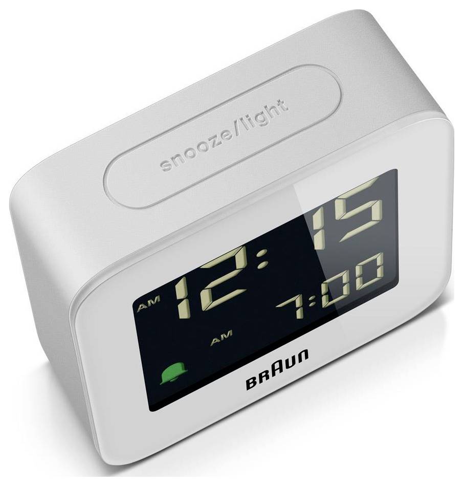 Réveil numérique Braun blanc 'SnoozeLight' affichant 12:15 AM et une heure d'alarme de 7:00.