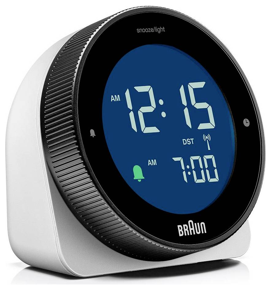 Réveil numérique Braun affichant 12h15 du matin avec une deuxième alarme programmée pour 7h00 du matin.