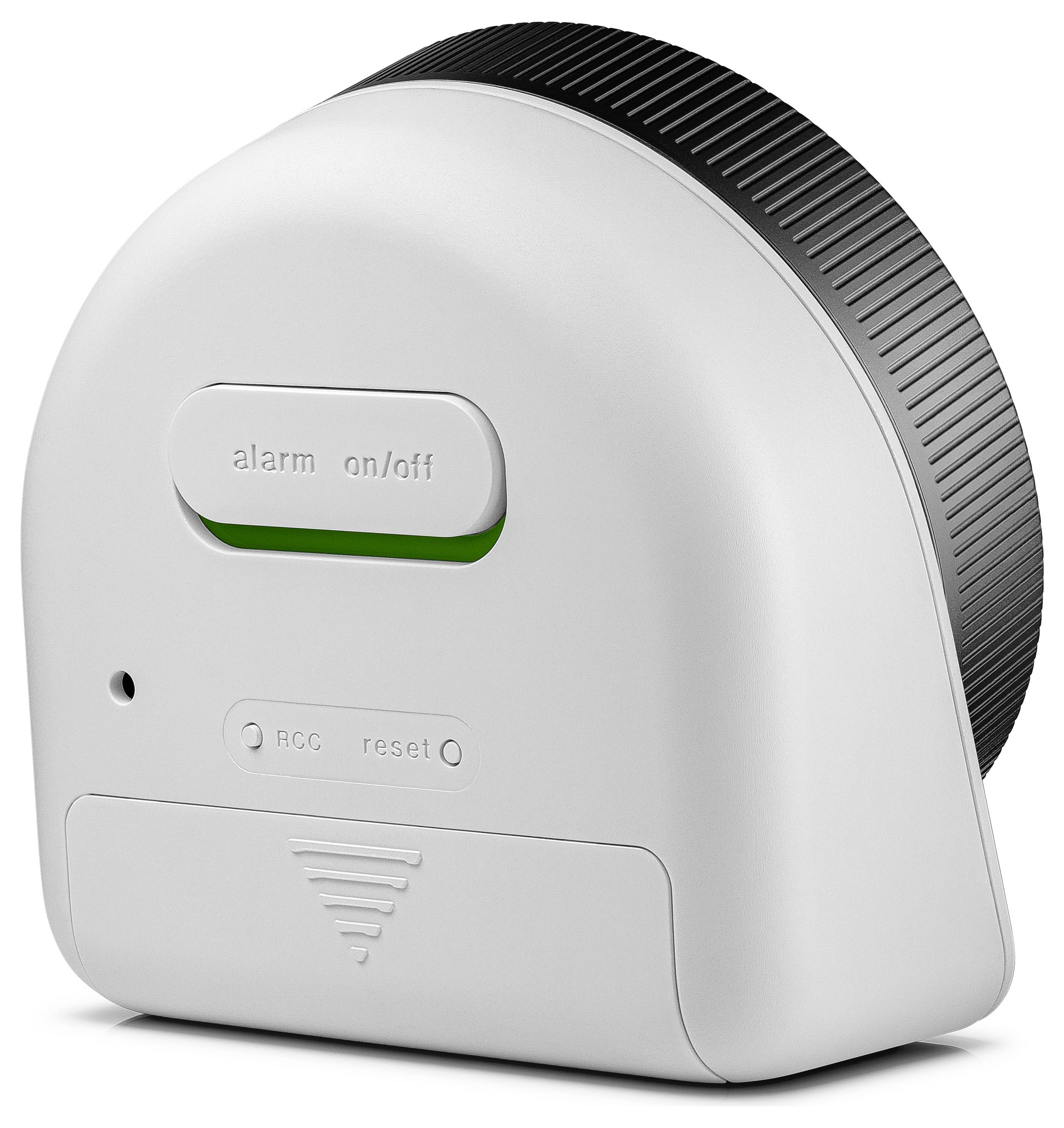 Détecteur de fumée blanc avec boutons d'alarme marche/arrêt et de réinitialisation, présenté en vue trois-quarts.